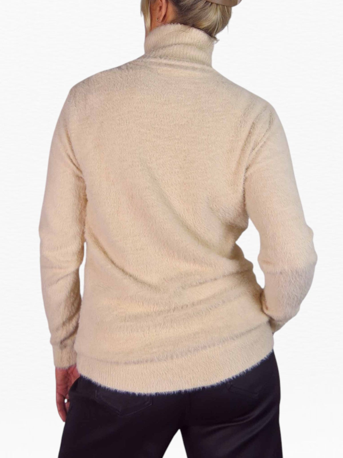 Long Sleeve Roll Neck Jumper Fluffy Knit Beige