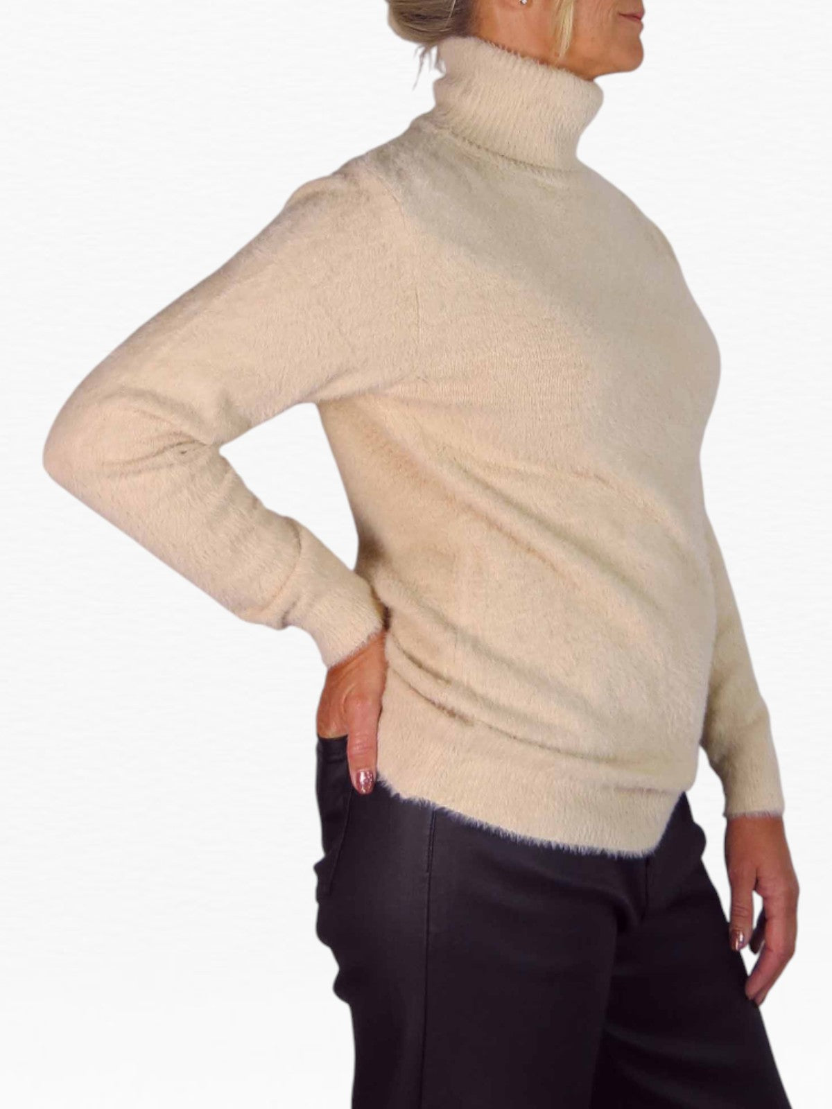 Long Sleeve Roll Neck Jumper Fluffy Knit Beige