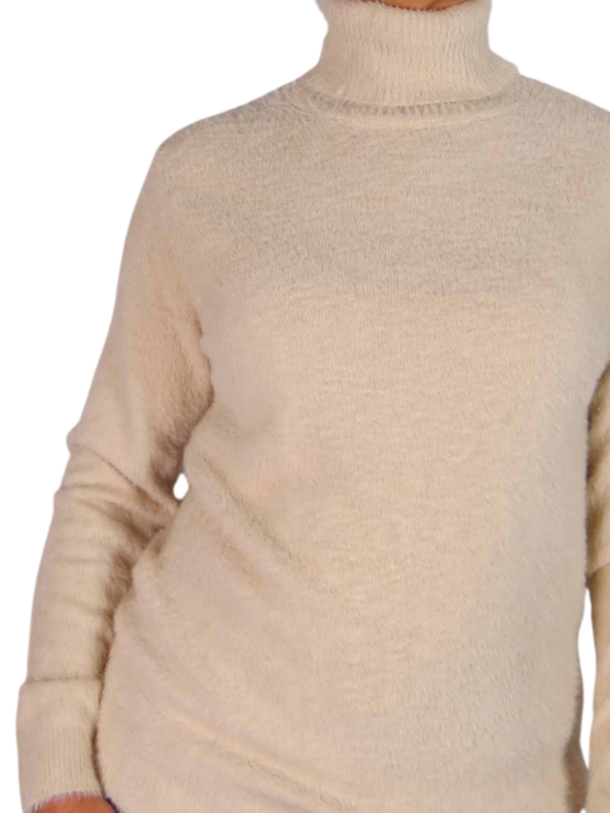 Long Sleeve Roll Neck Jumper Fluffy Knit Beige