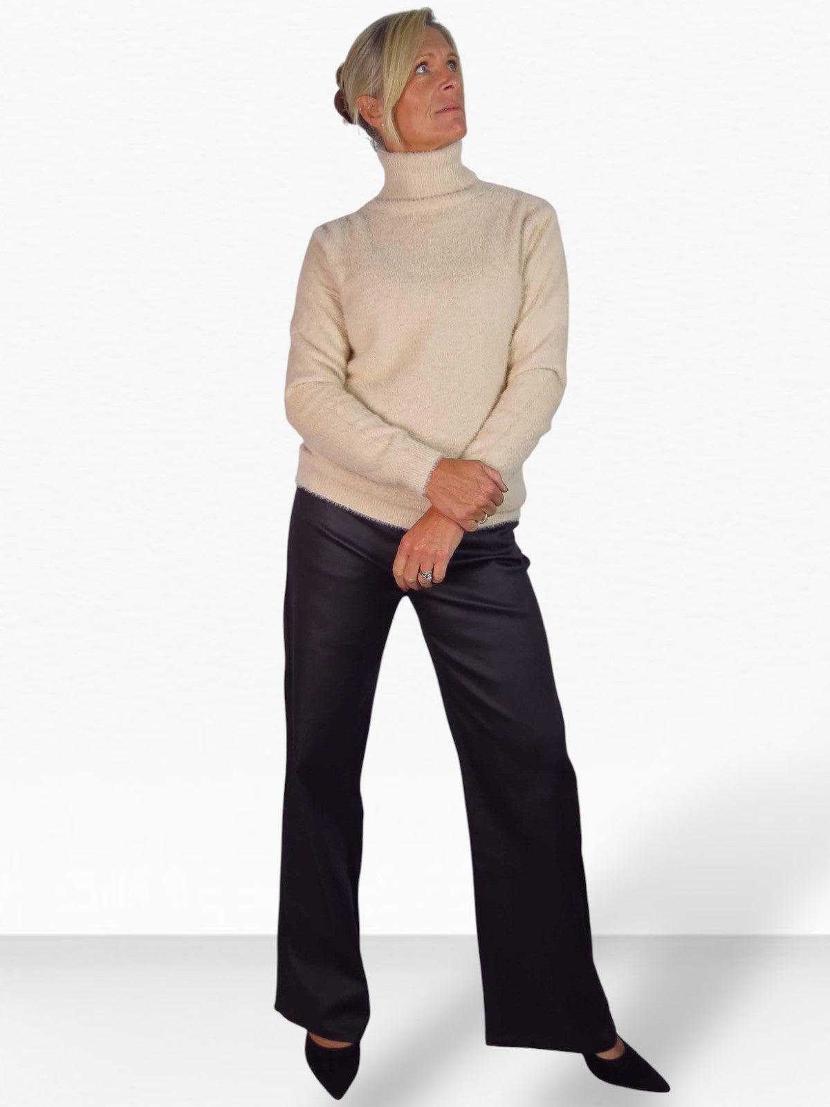 Long Sleeve Roll Neck Jumper Fluffy Knit Beige