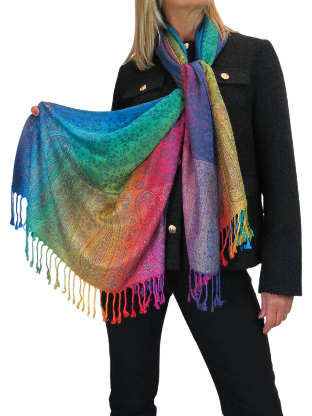 Rainbow Floral Paisley Pashmina Shawl Scarf Blue