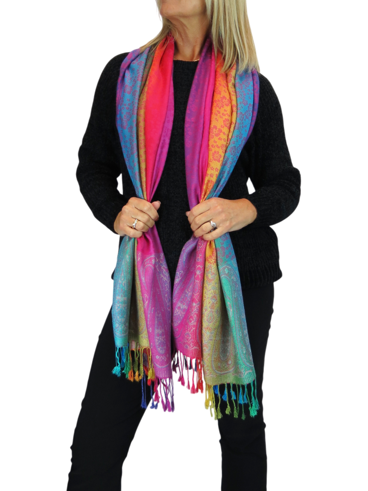 Rainbow Floral Paisley Pashmina Shawl Scarf Pink