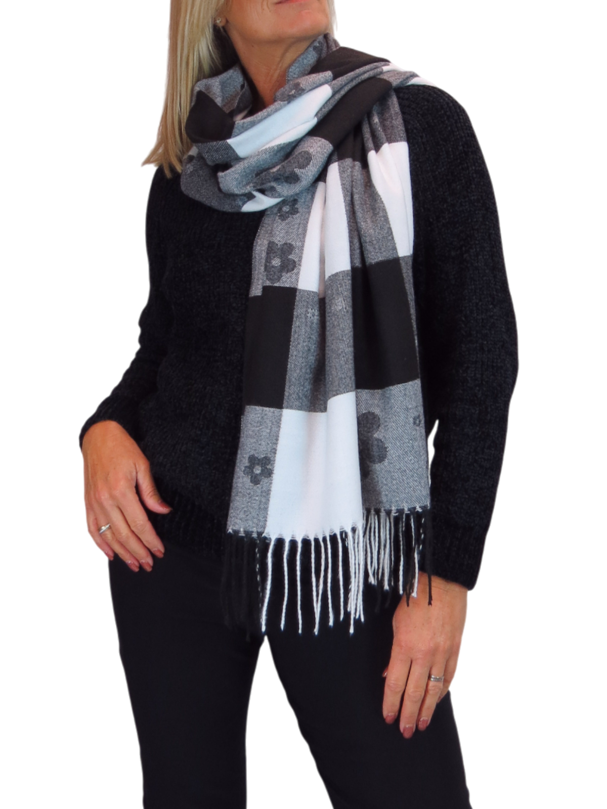 Wool Blend Scarf With Floral Details Black