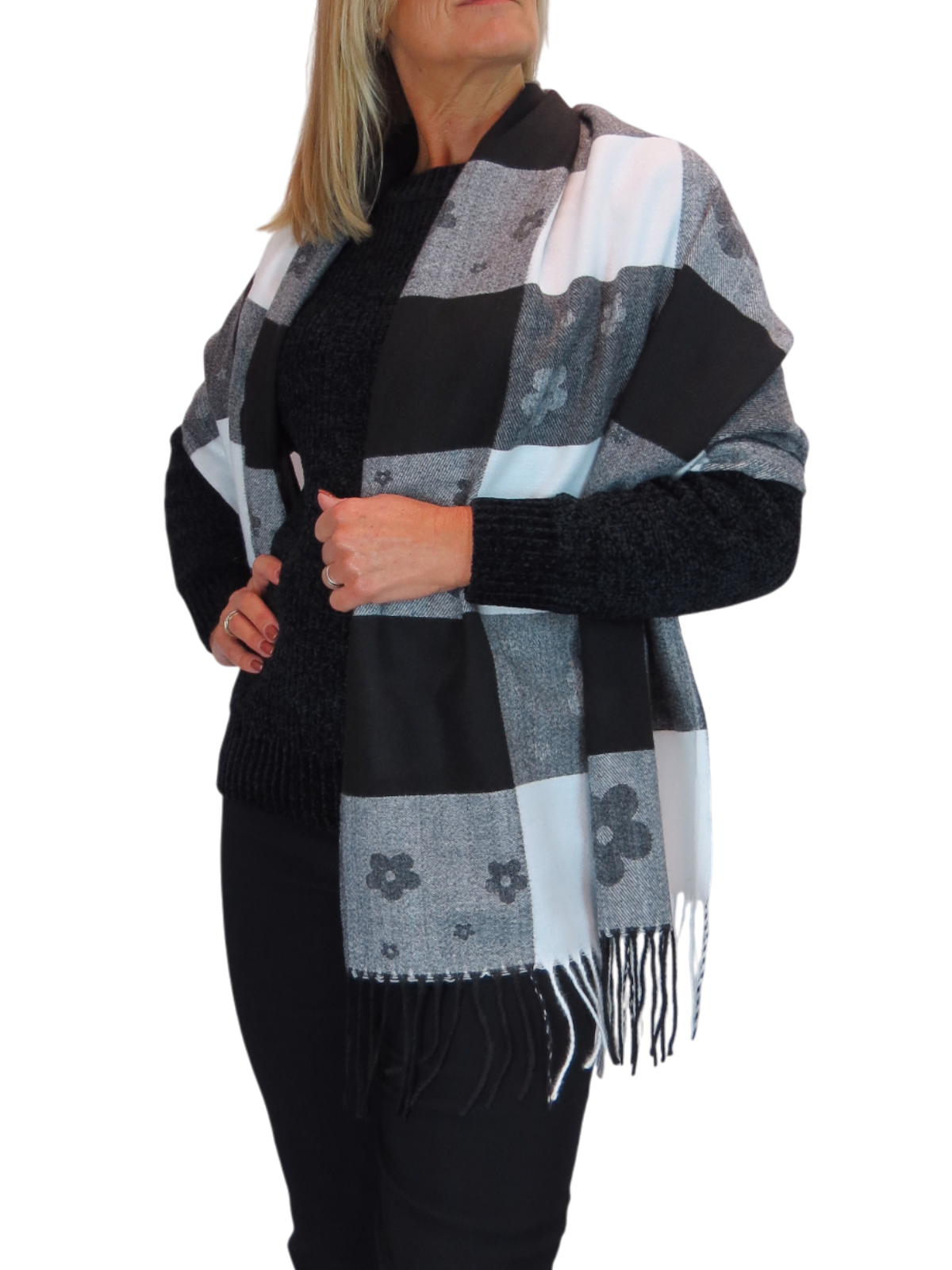 Wool Blend Scarf With Floral Details Black