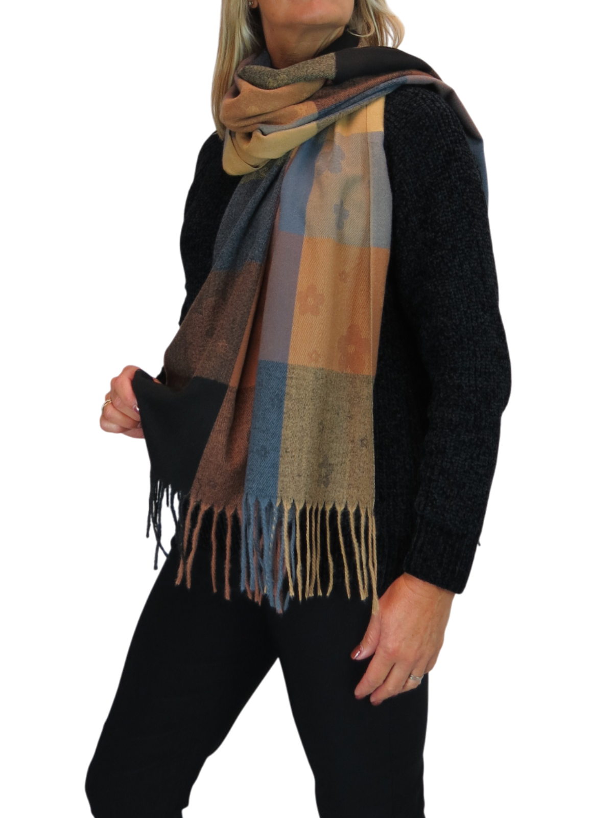 Wool Blend Scarf With Floral Details Brown