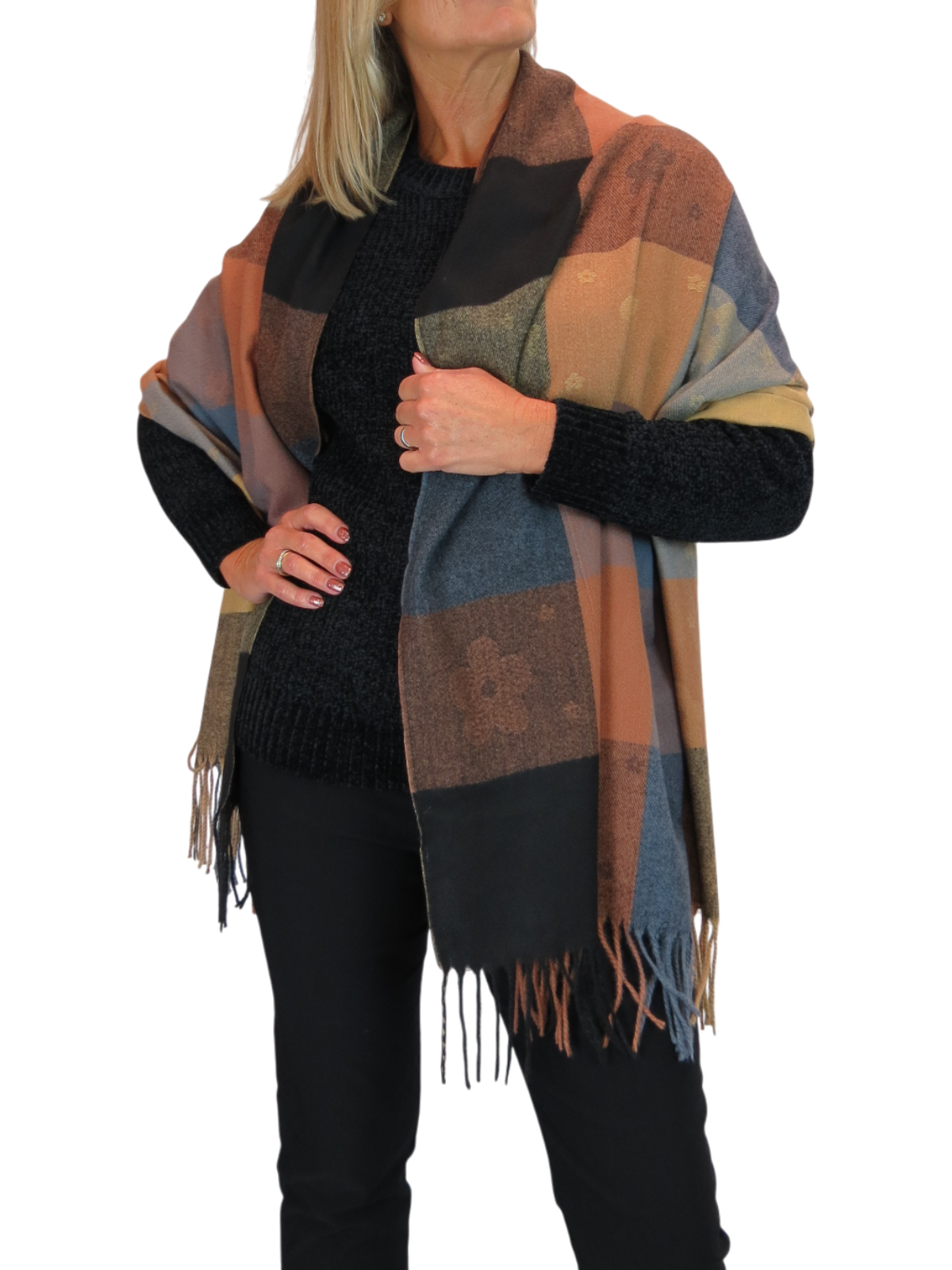 Wool Blend Scarf With Floral Details Brown
