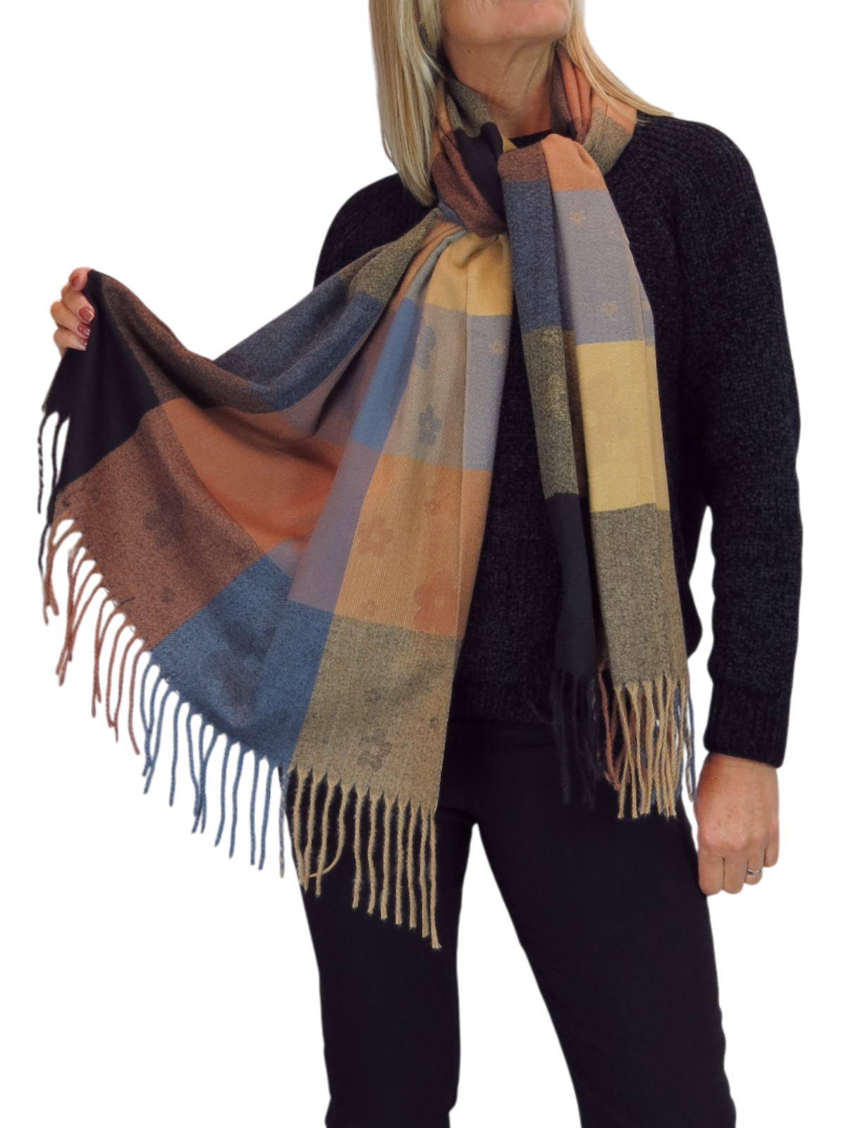 Wool Blend Scarf With Floral Details Brown