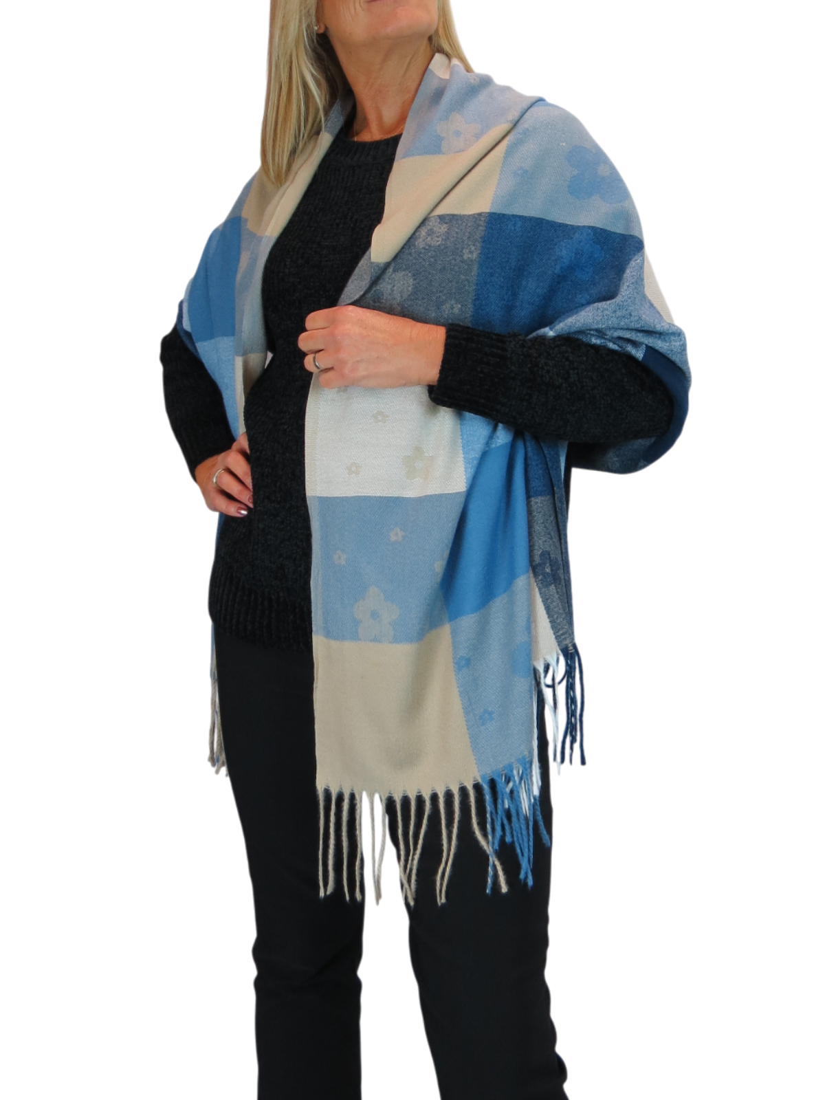 Wool Blend Scarf With Floral Details Blue