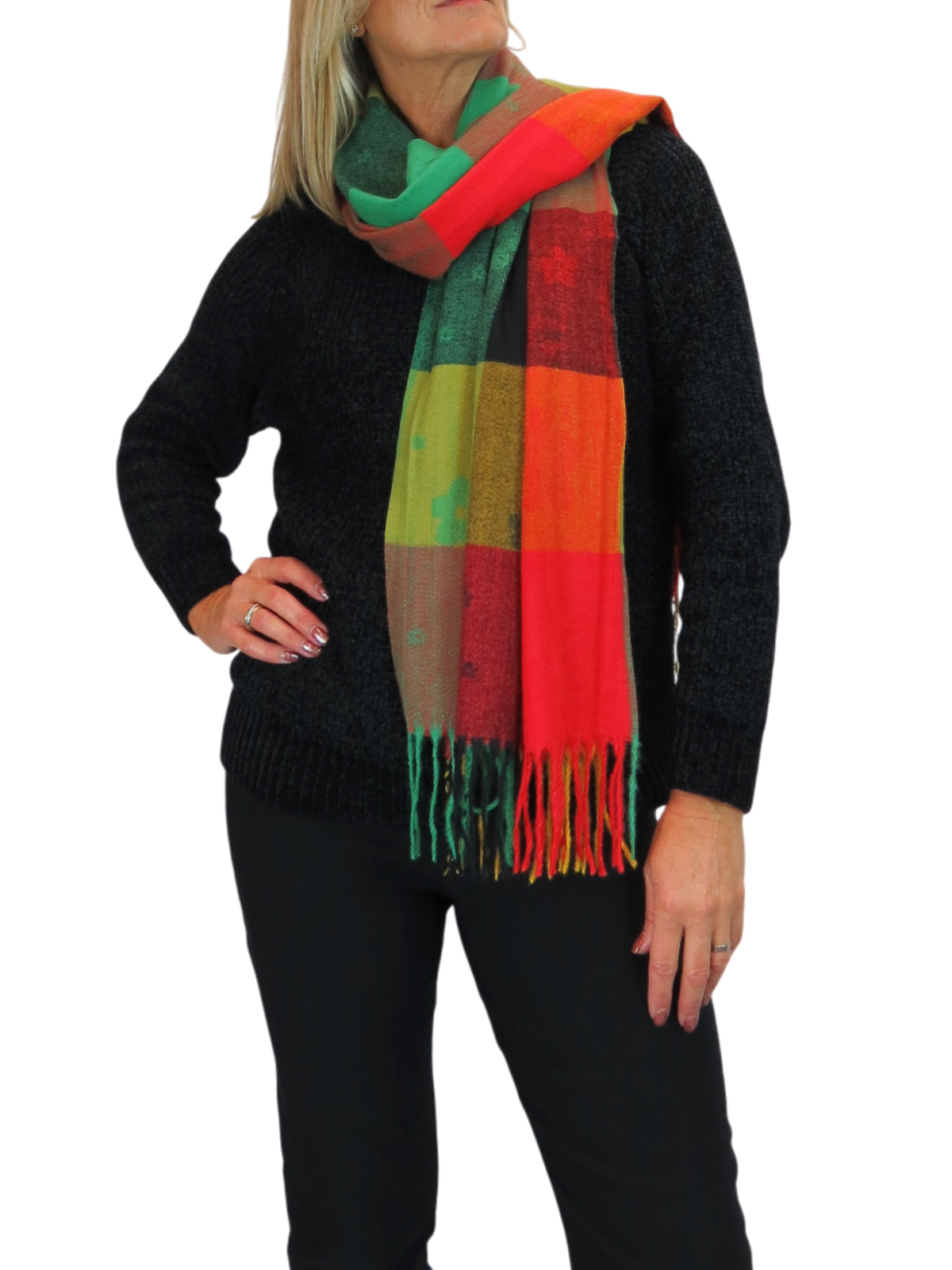 Wool Blend Scarf With Floral Details Green