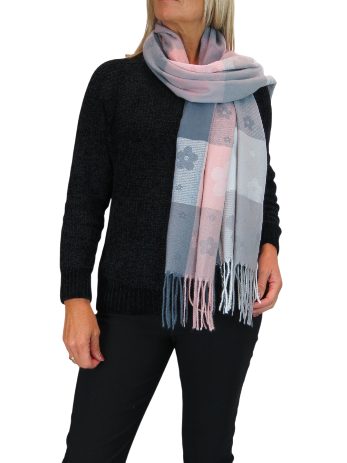 Wool Blend Scarf With Floral Details Pink