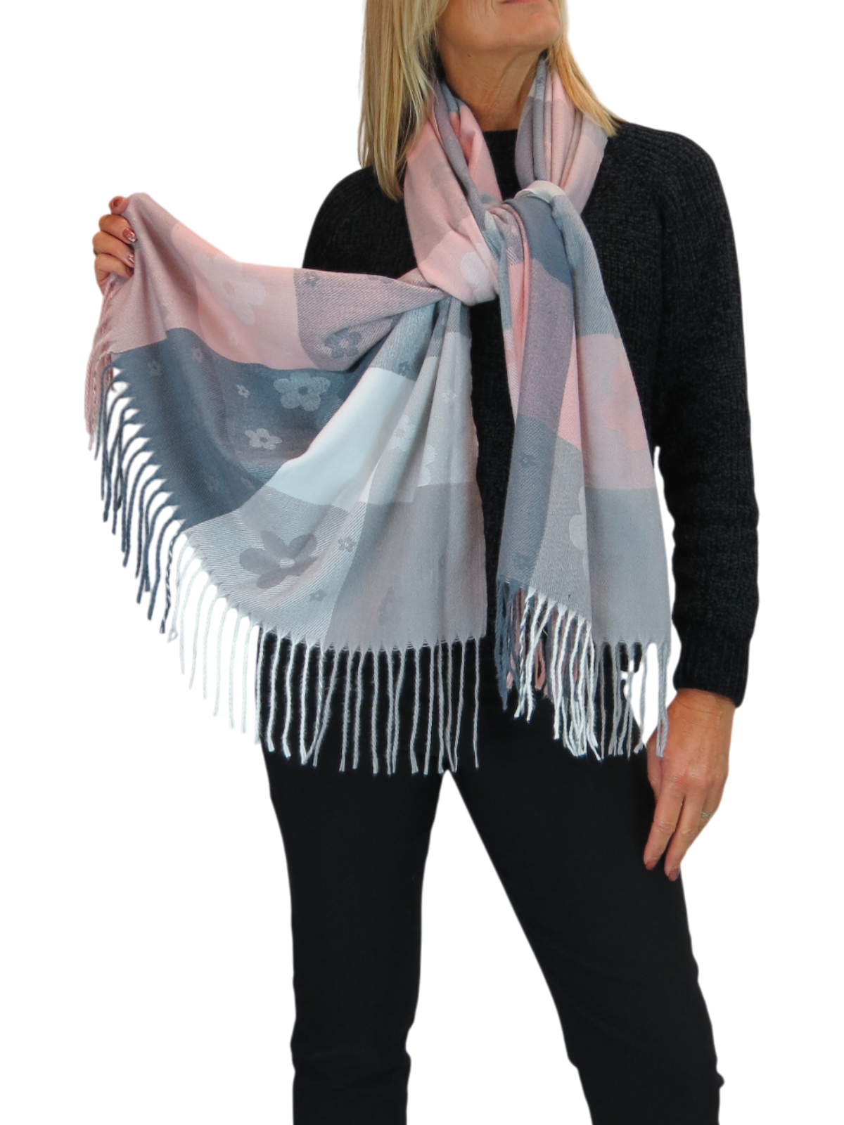 Wool Blend Scarf With Floral Details Pink