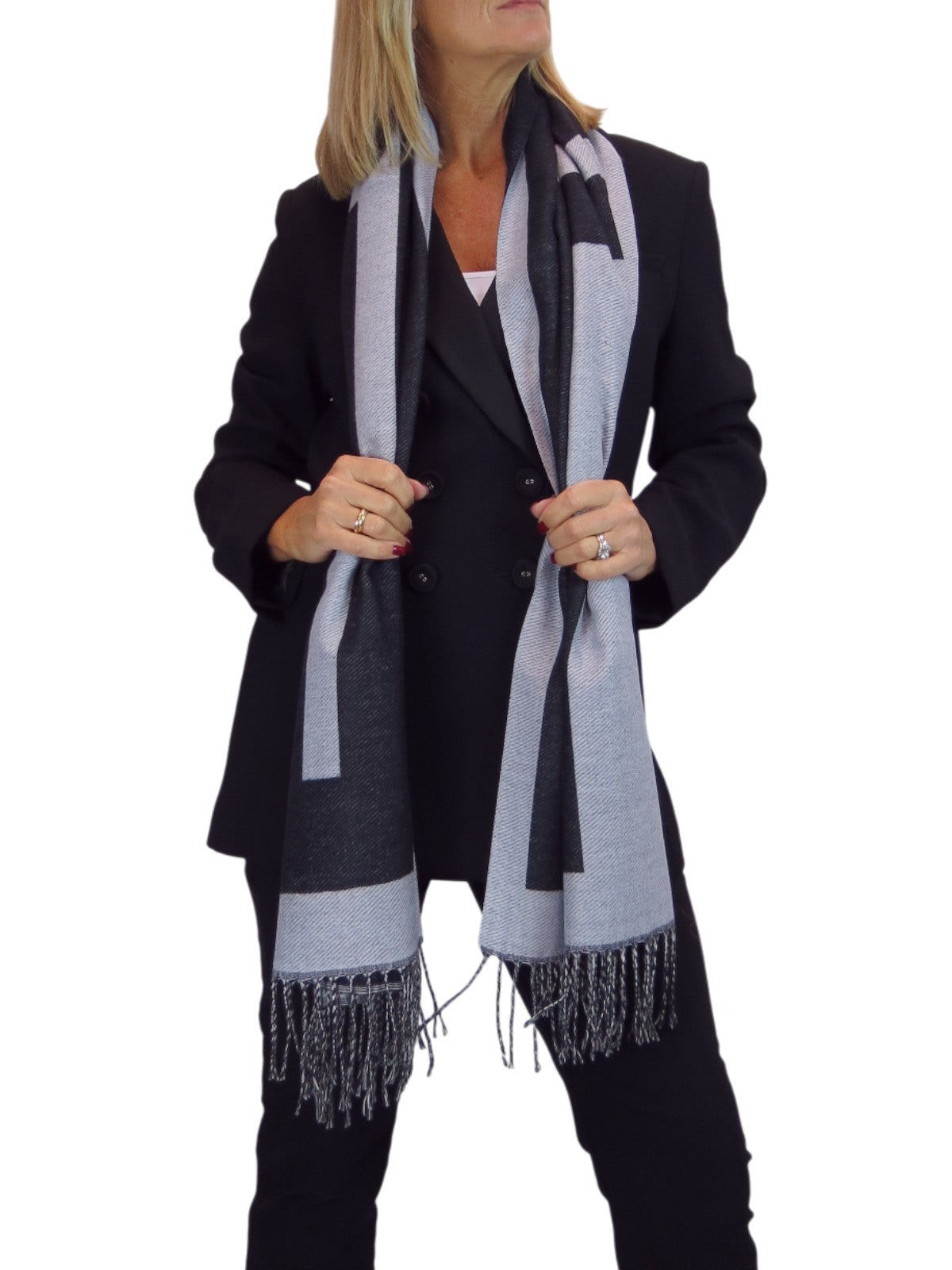 Wool Blend Geometric Design Scarf Black/Grey
