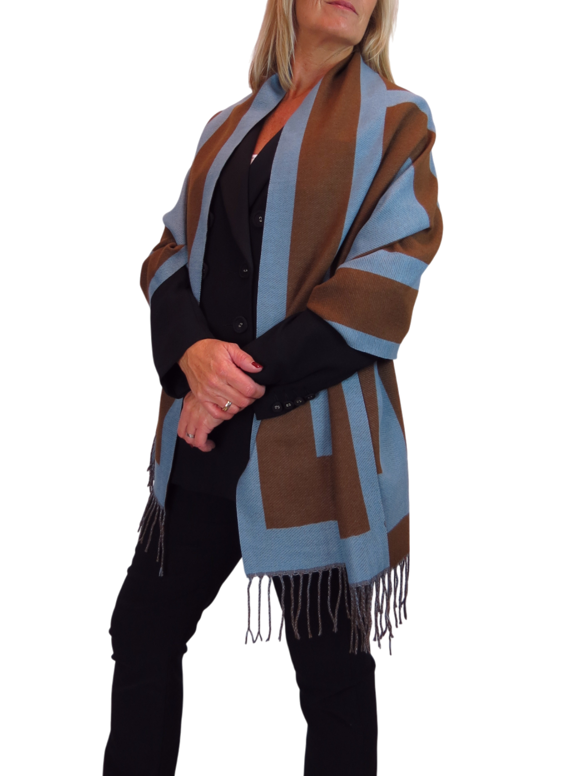 Wool Blend Geometric Design Scarf Brown/Blue