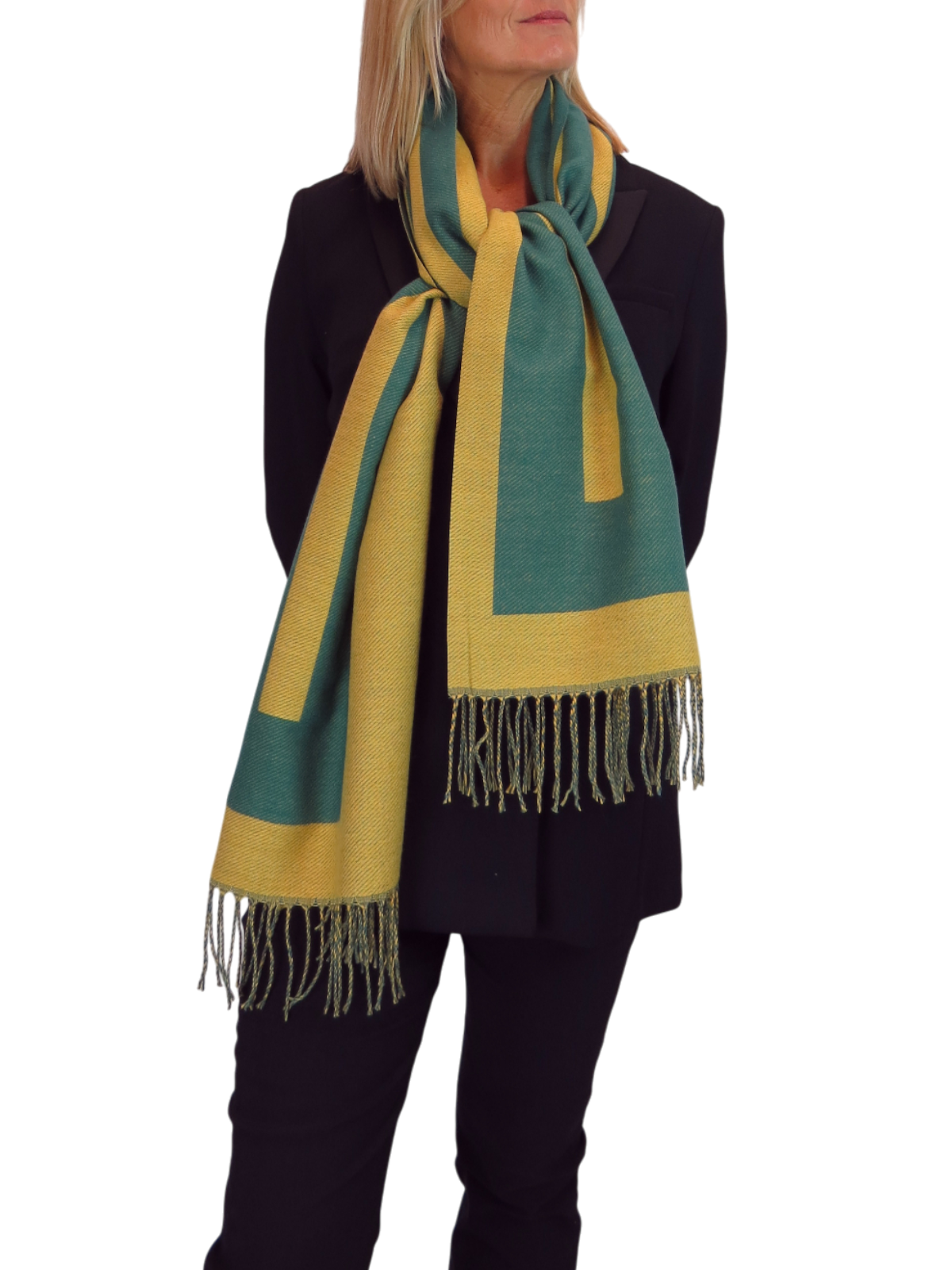 Wool Blend Geometric Design Scarf Mustard/Green