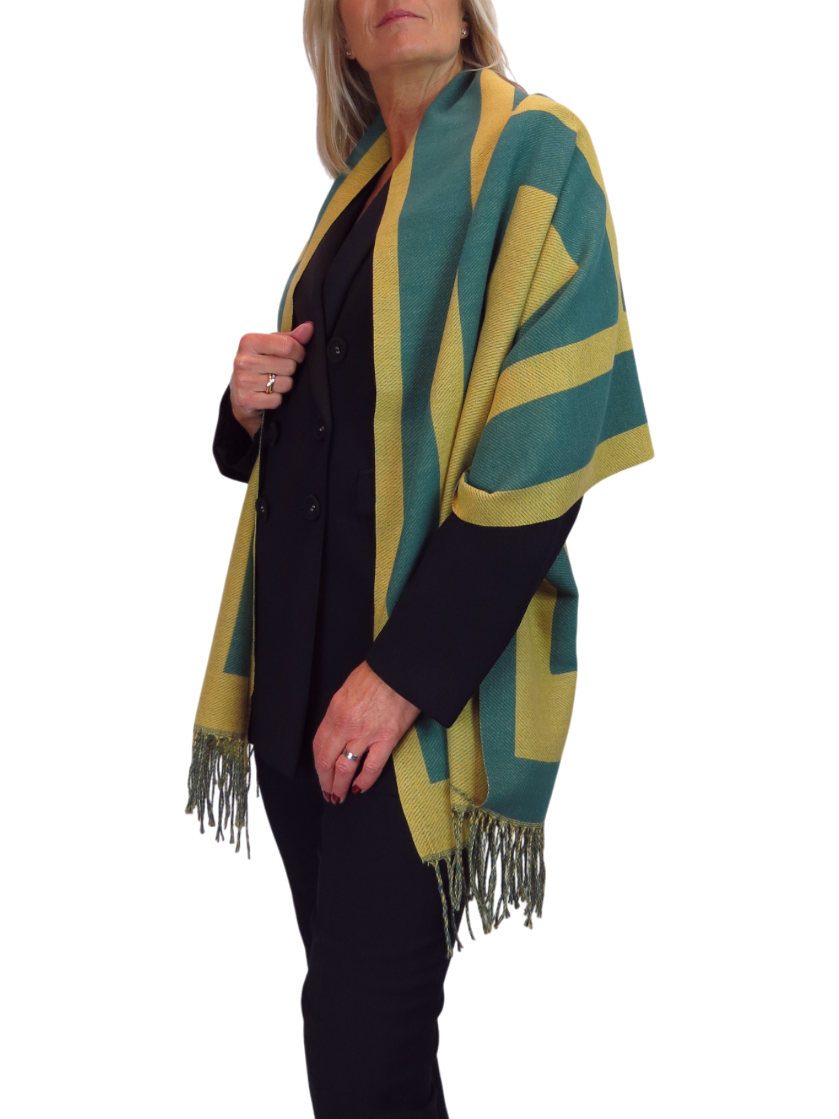 Wool Blend Geometric Design Scarf Mustard/Green