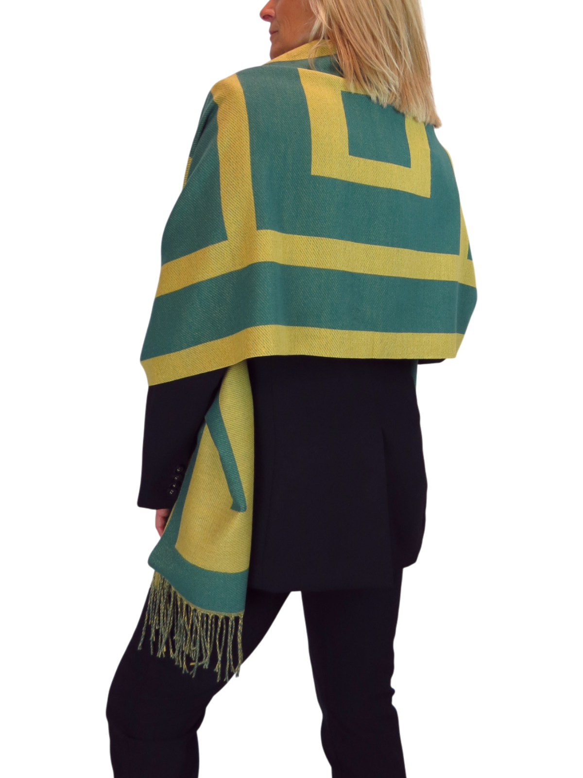 Wool Blend Geometric Design Scarf Mustard/Green