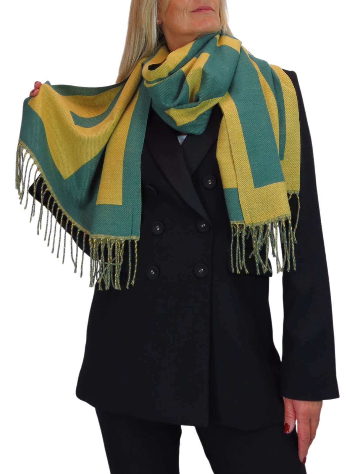 Wool Blend Geometric Design Scarf Mustard/Green