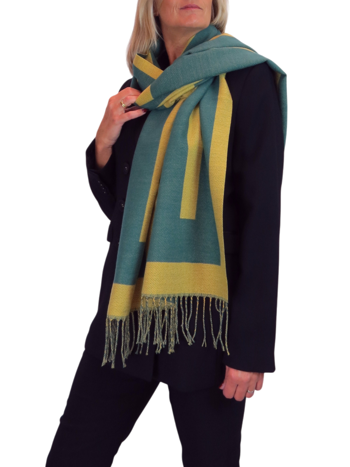 Wool Blend Geometric Design Scarf Mustard/Green