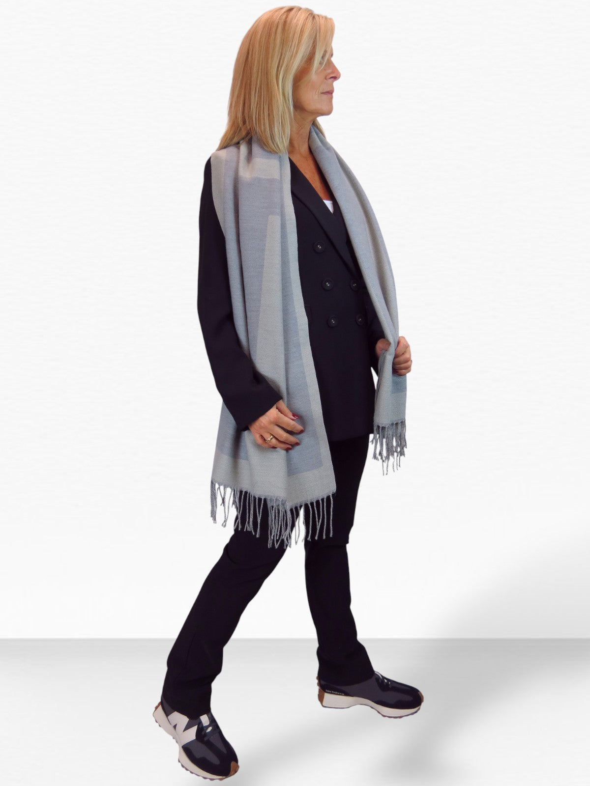 Wool Blend Geometric Design Scarf Grey