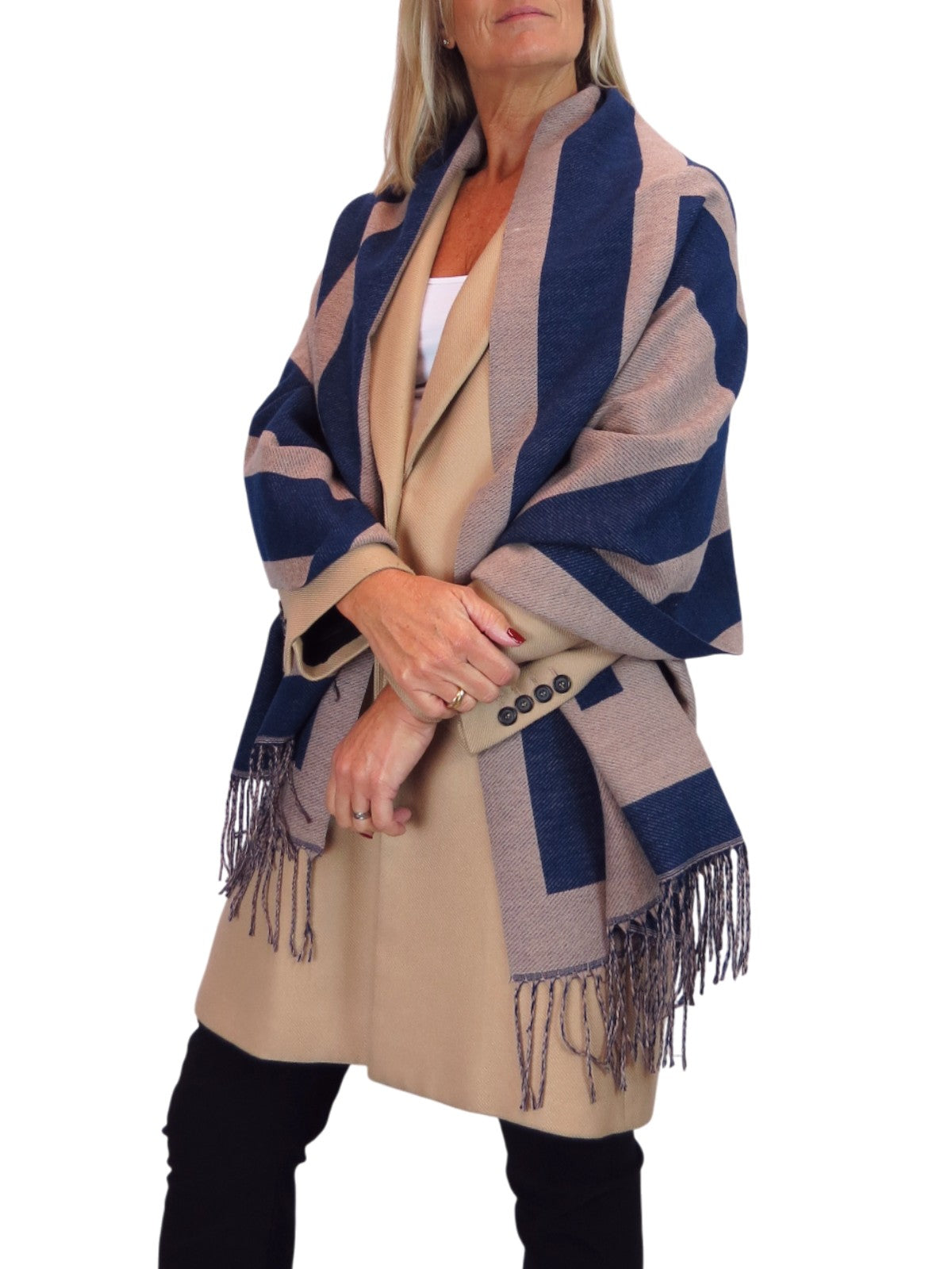 Wool Blend Geometric Design Scarf Navy Blue/Tan