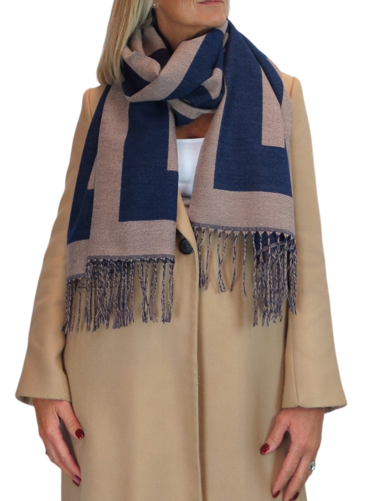 Wool Blend Geometric Design Scarf Navy Blue/Tan