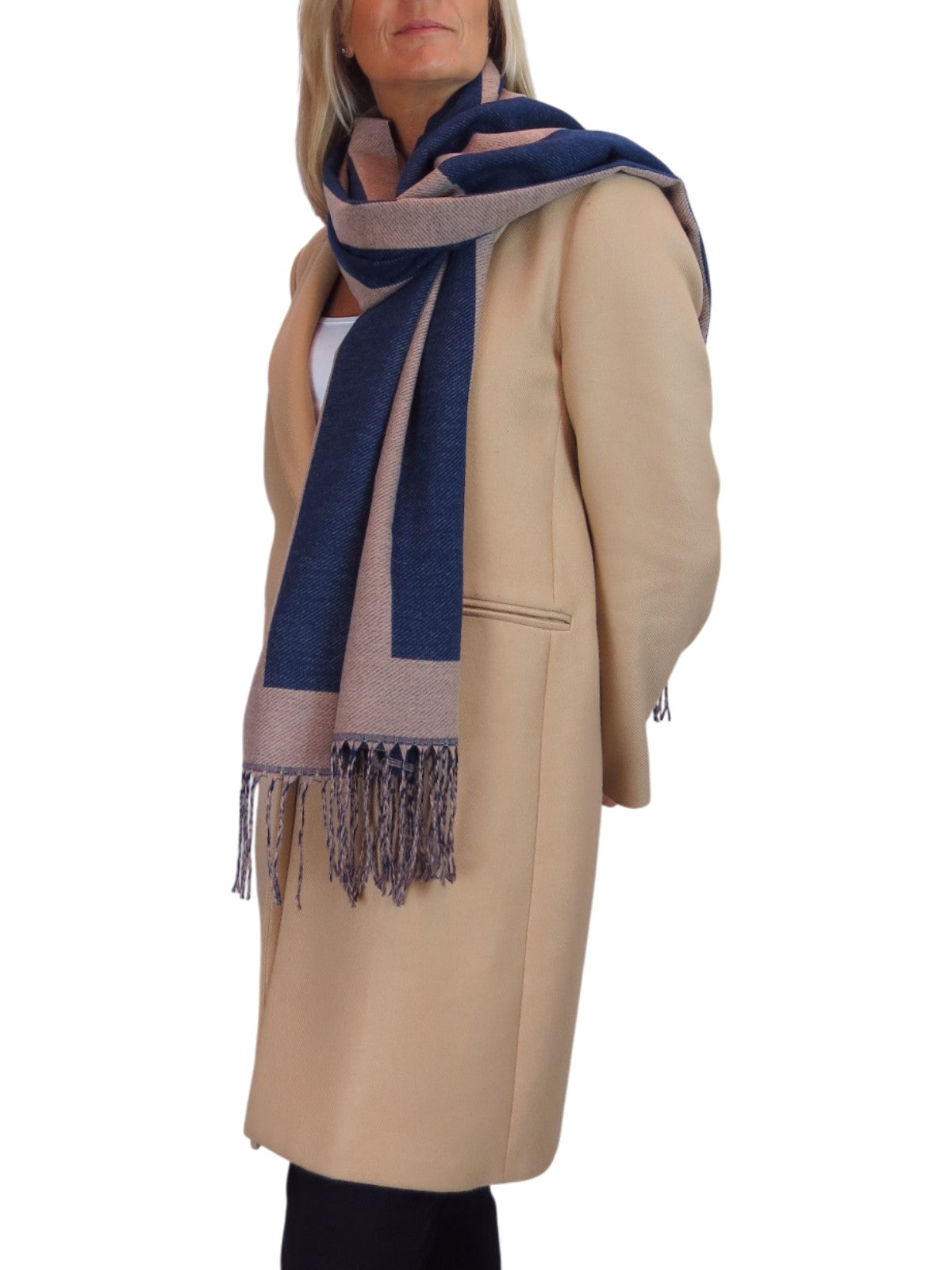 Wool Blend Geometric Design Scarf Navy Blue/Tan