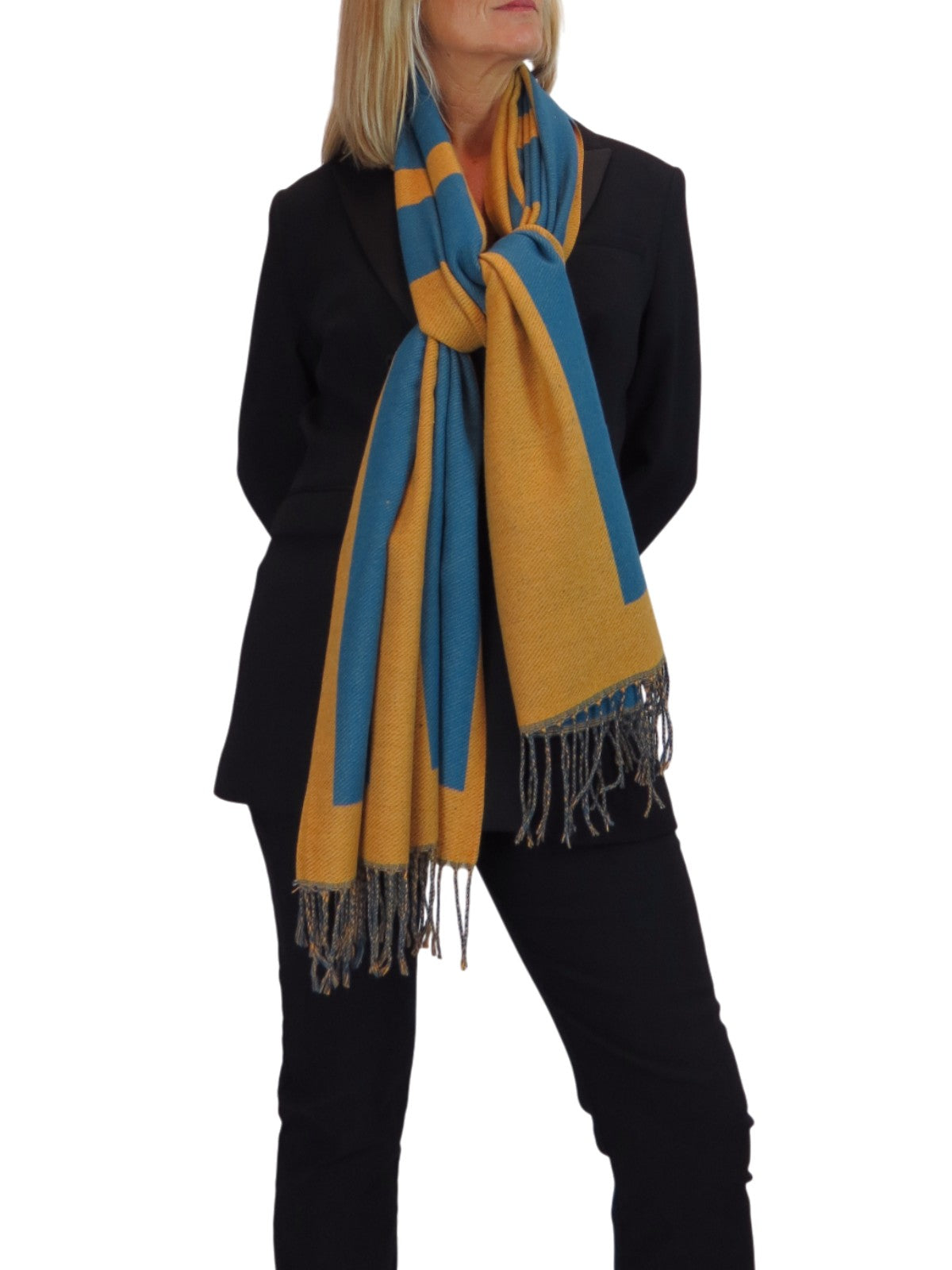 Wool Blend Geometric Design Scarf Teal/Tangerine