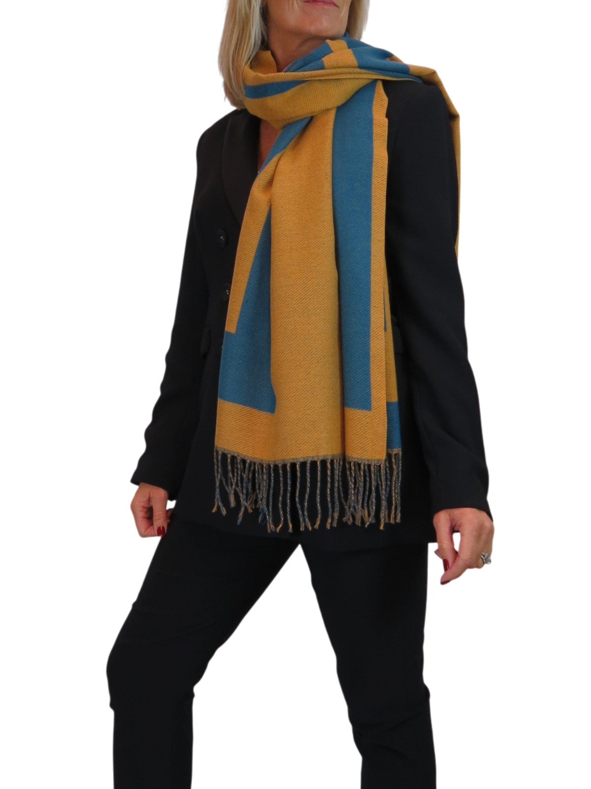 Wool Blend Geometric Design Scarf Teal/Tangerine
