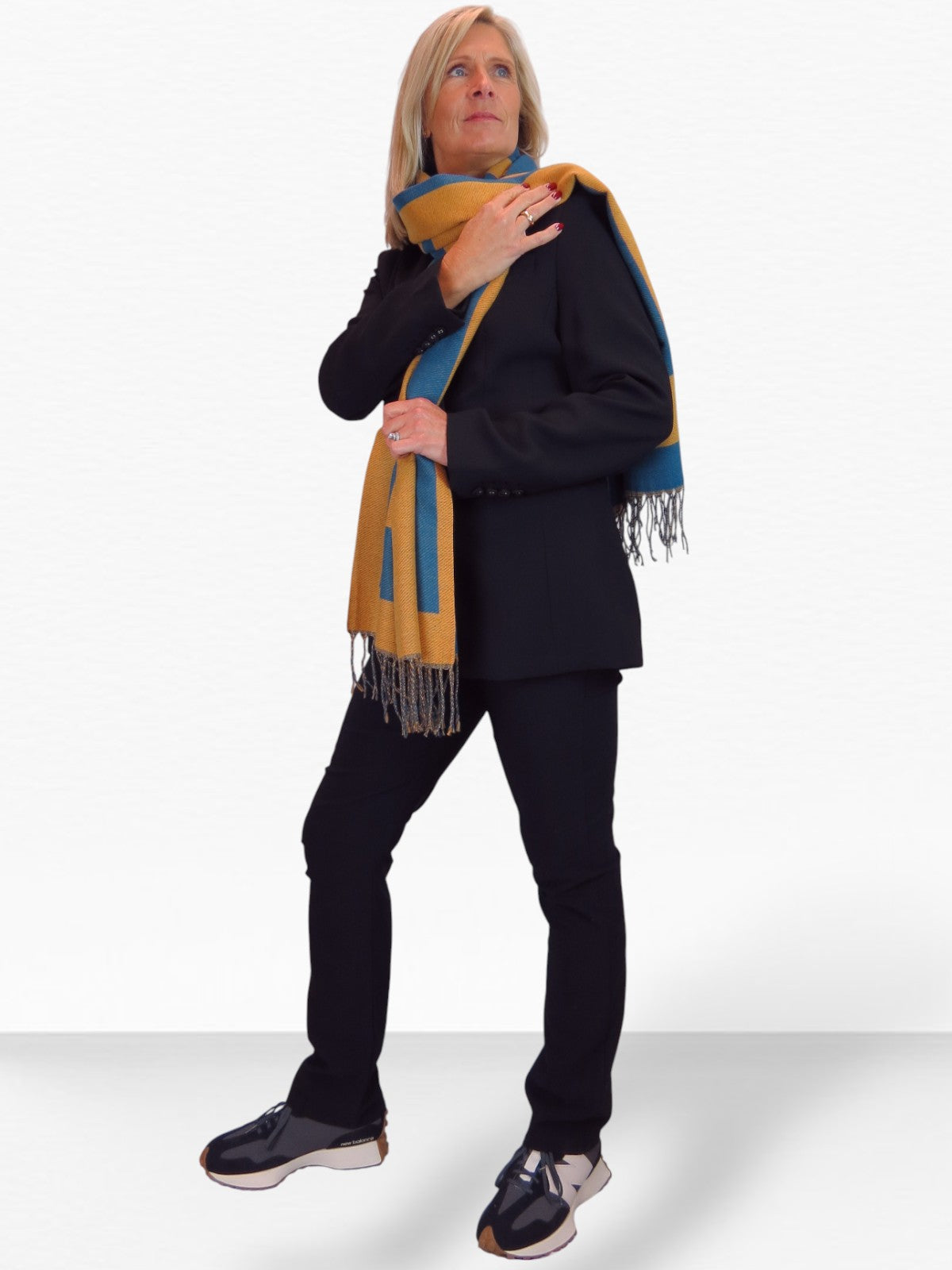 Wool Blend Geometric Design Scarf Teal/Tangerine