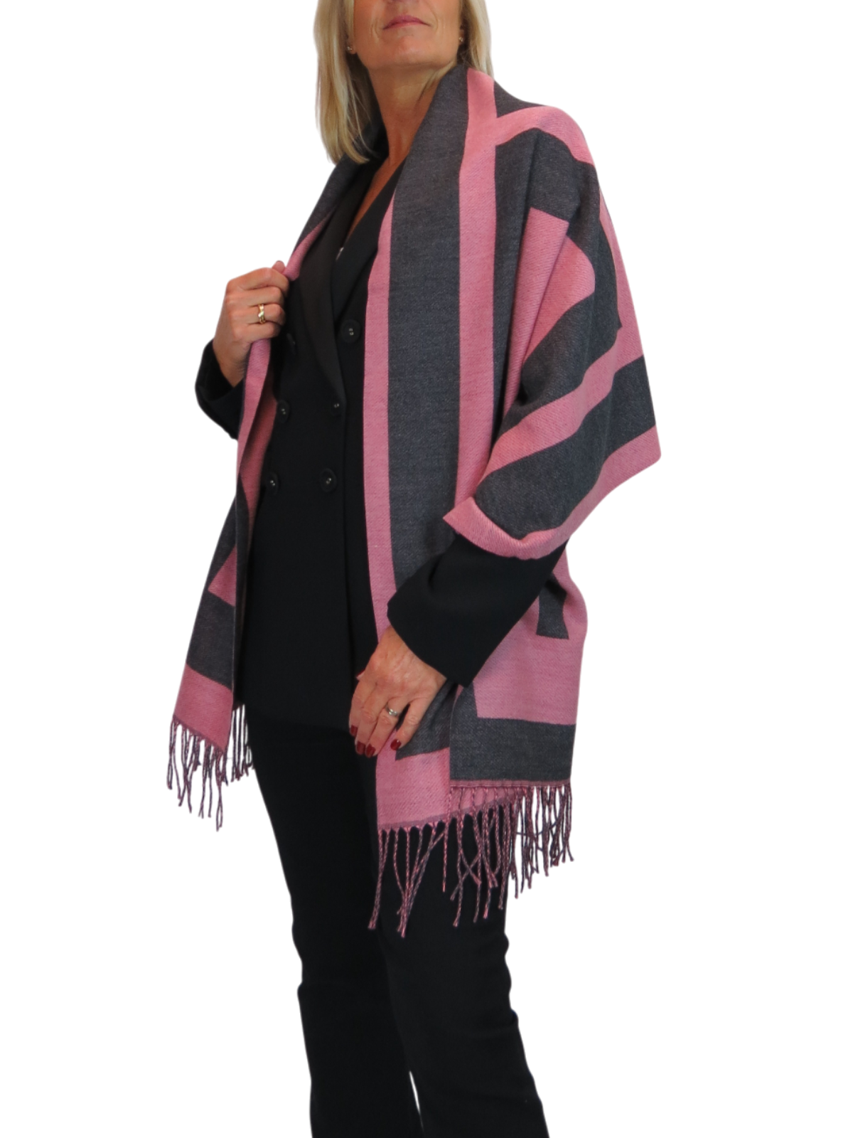 Wool Blend Geometric Design Scarf Charcoal/Pink