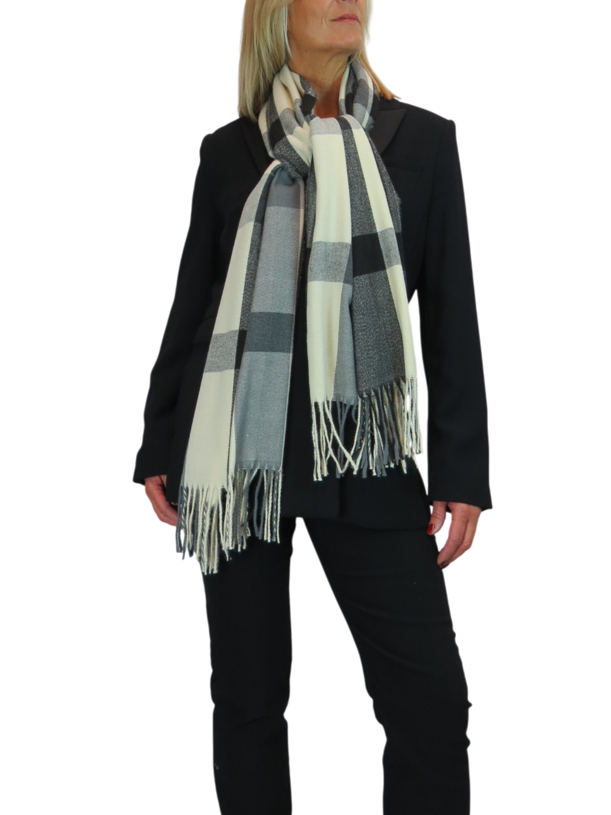 Wool Blend Large Plaid Design Wrap Scarf Black/Cream