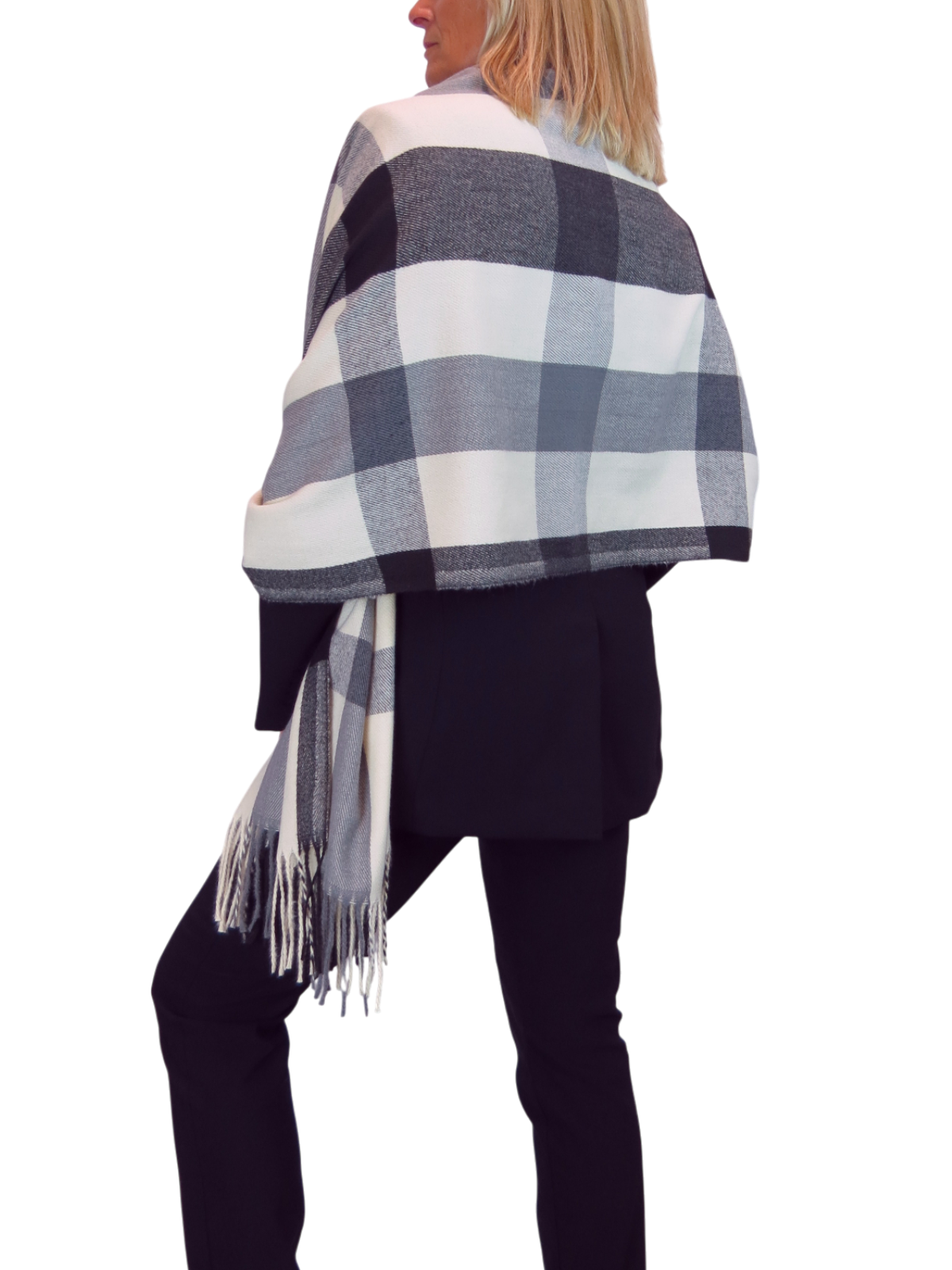 Wool Blend Large Plaid Design Wrap Scarf Black/Cream