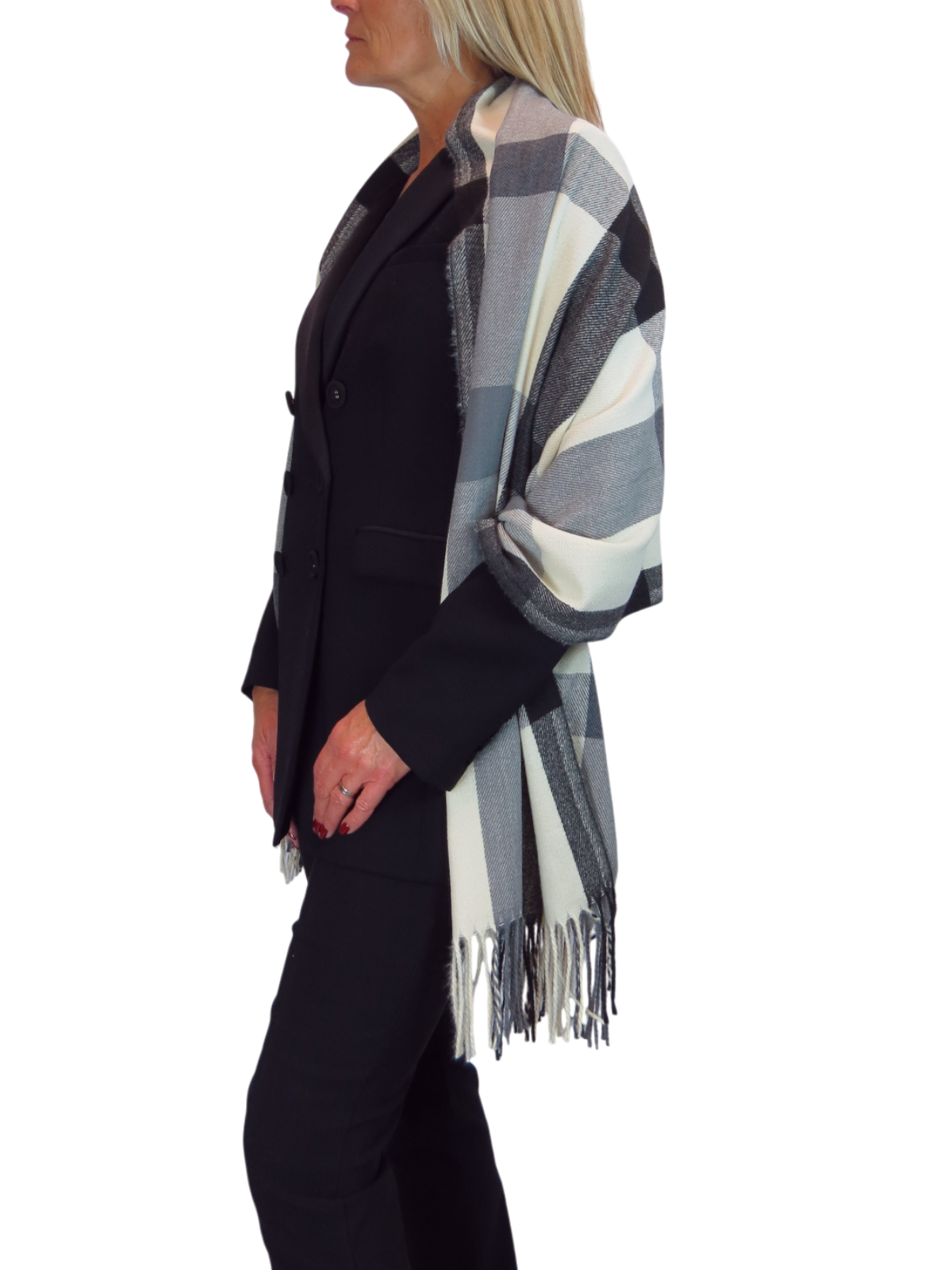 Wool Blend Large Plaid Design Wrap Scarf Black/Cream