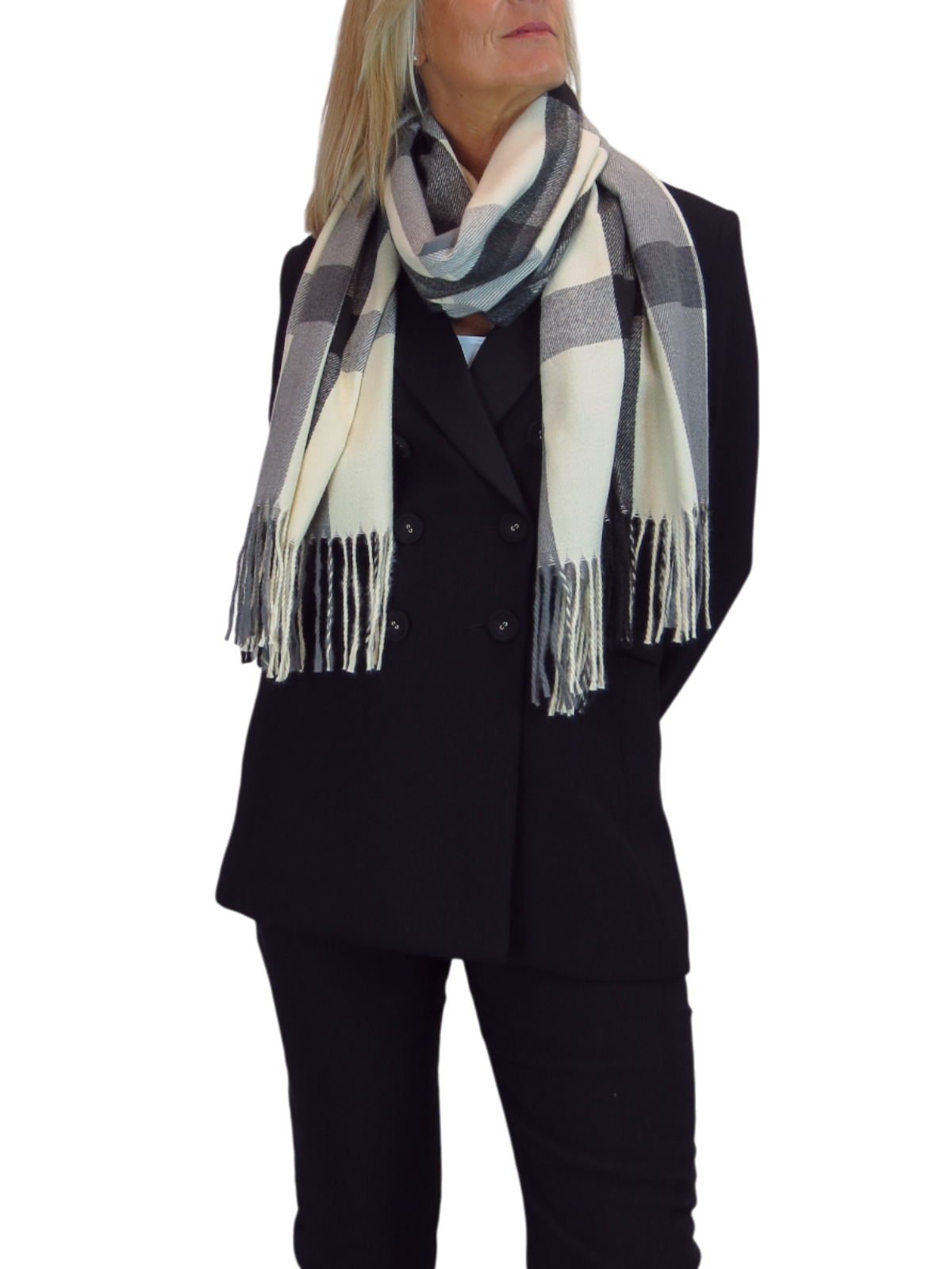 Wool Blend Large Plaid Design Wrap Scarf Black/Cream