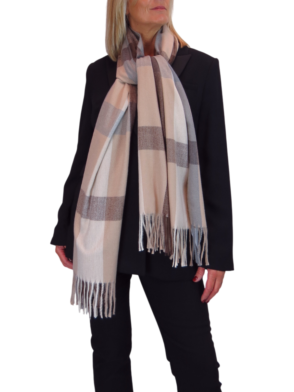 Wool Blend Large Plaid Design Wrap Scarf Brown/Beige