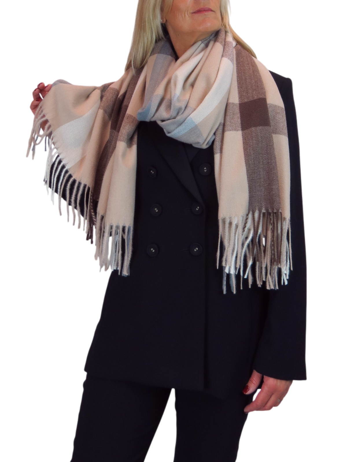 Wool Blend Large Plaid Design Wrap Scarf Brown/Beige