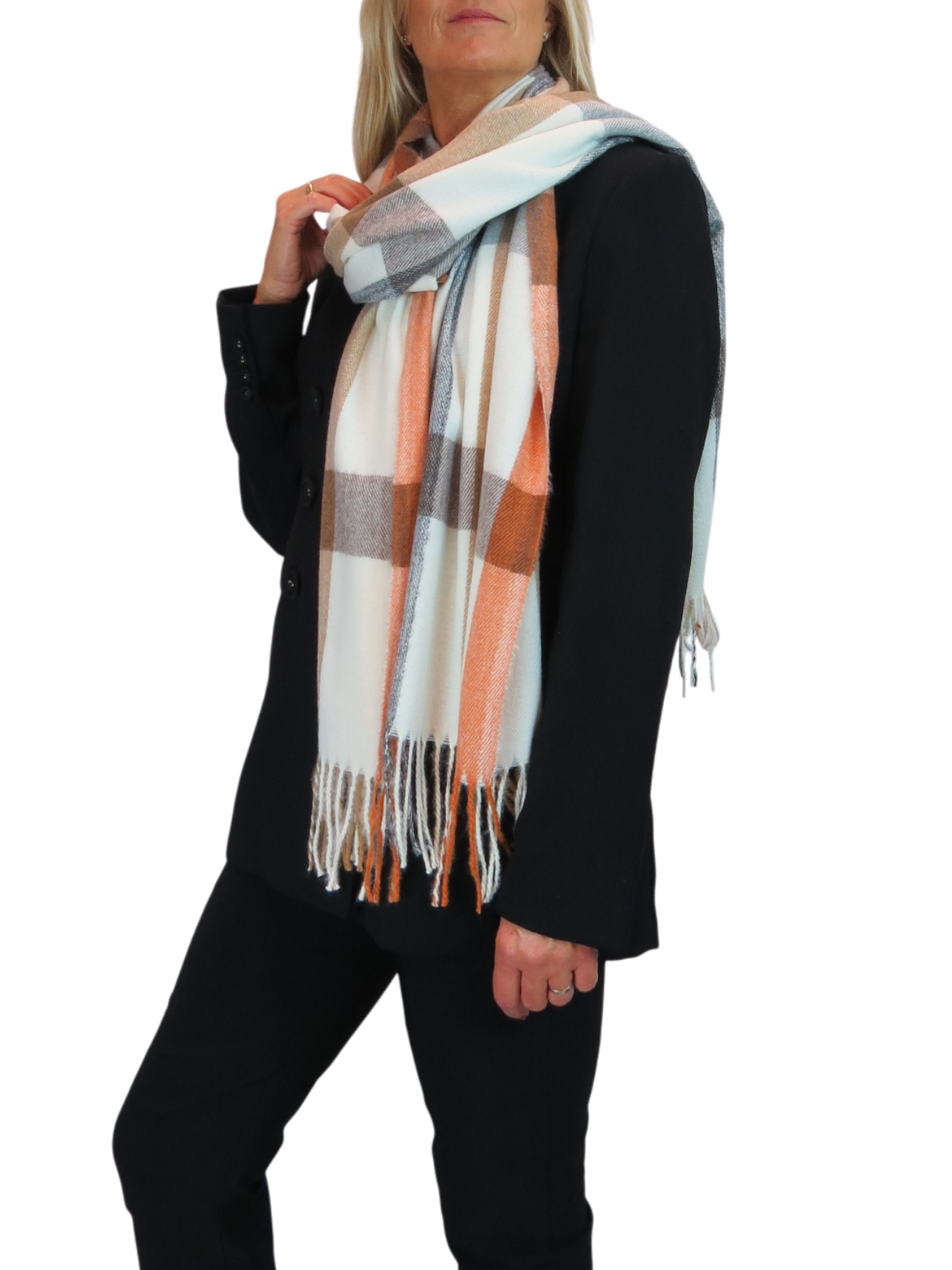 Wool Blend Large Plaid Design Wrap Scarf Grey/Orange