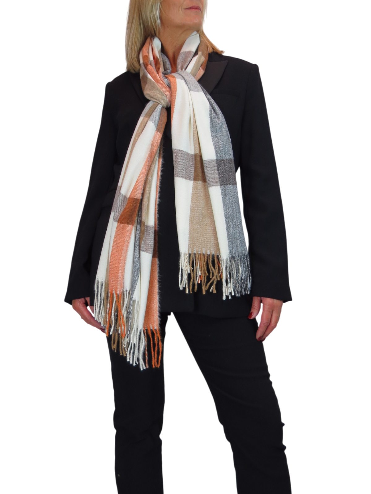 Wool Blend Large Plaid Design Wrap Scarf Grey/Orange