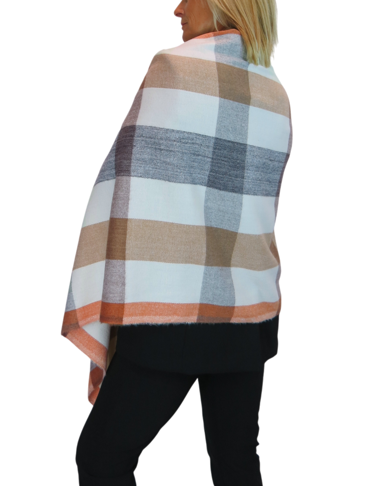 Wool Blend Large Plaid Design Wrap Scarf Grey/Orange