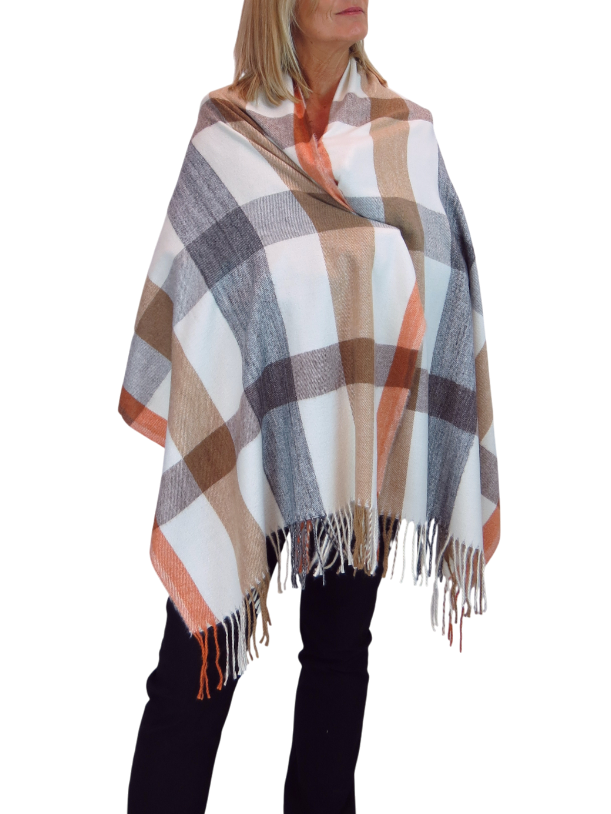 Wool Blend Large Plaid Design Wrap Scarf Grey/Orange