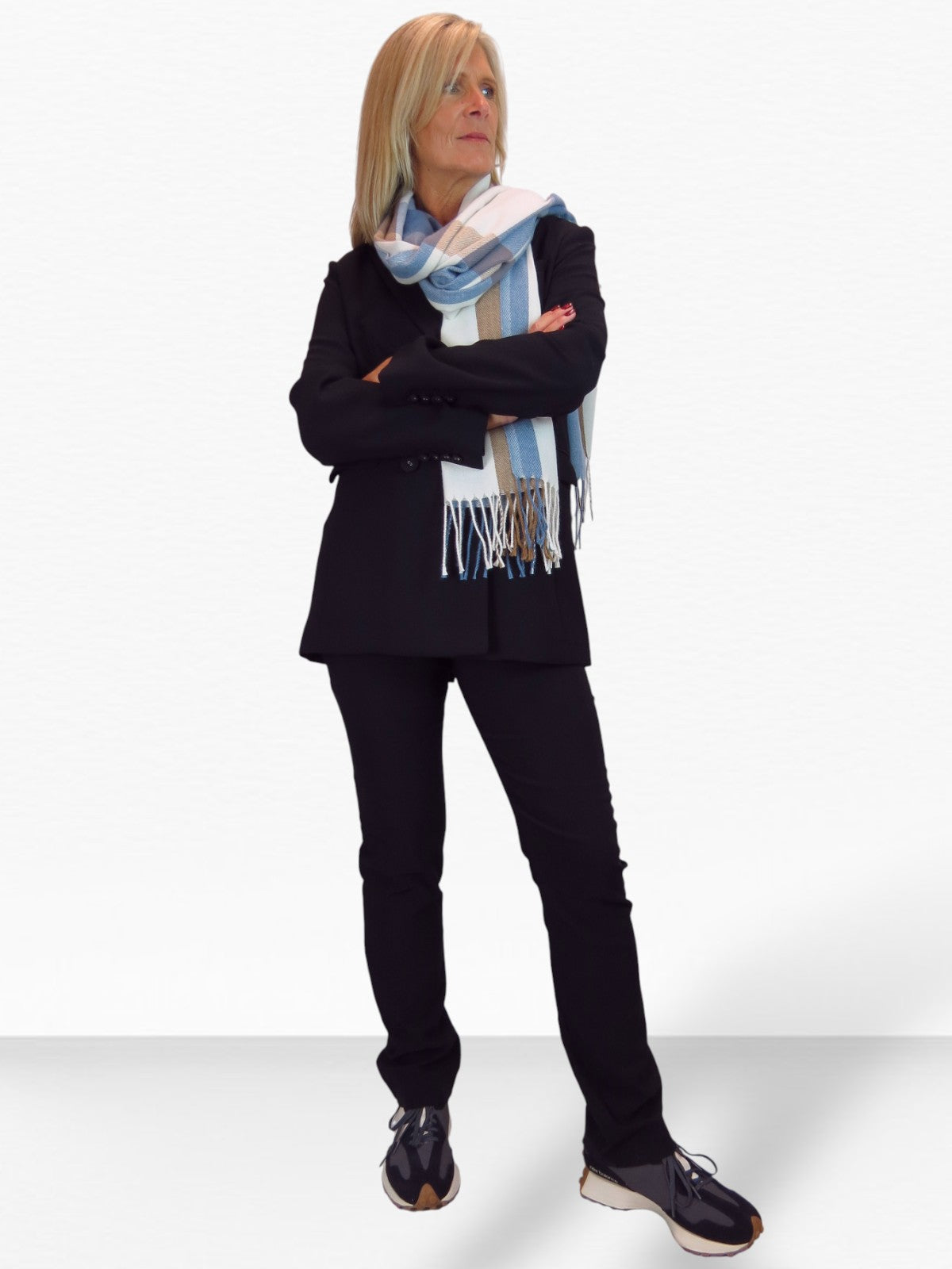 Wool Blend Large Plaid Design Wrap Scarf Blue/Brown