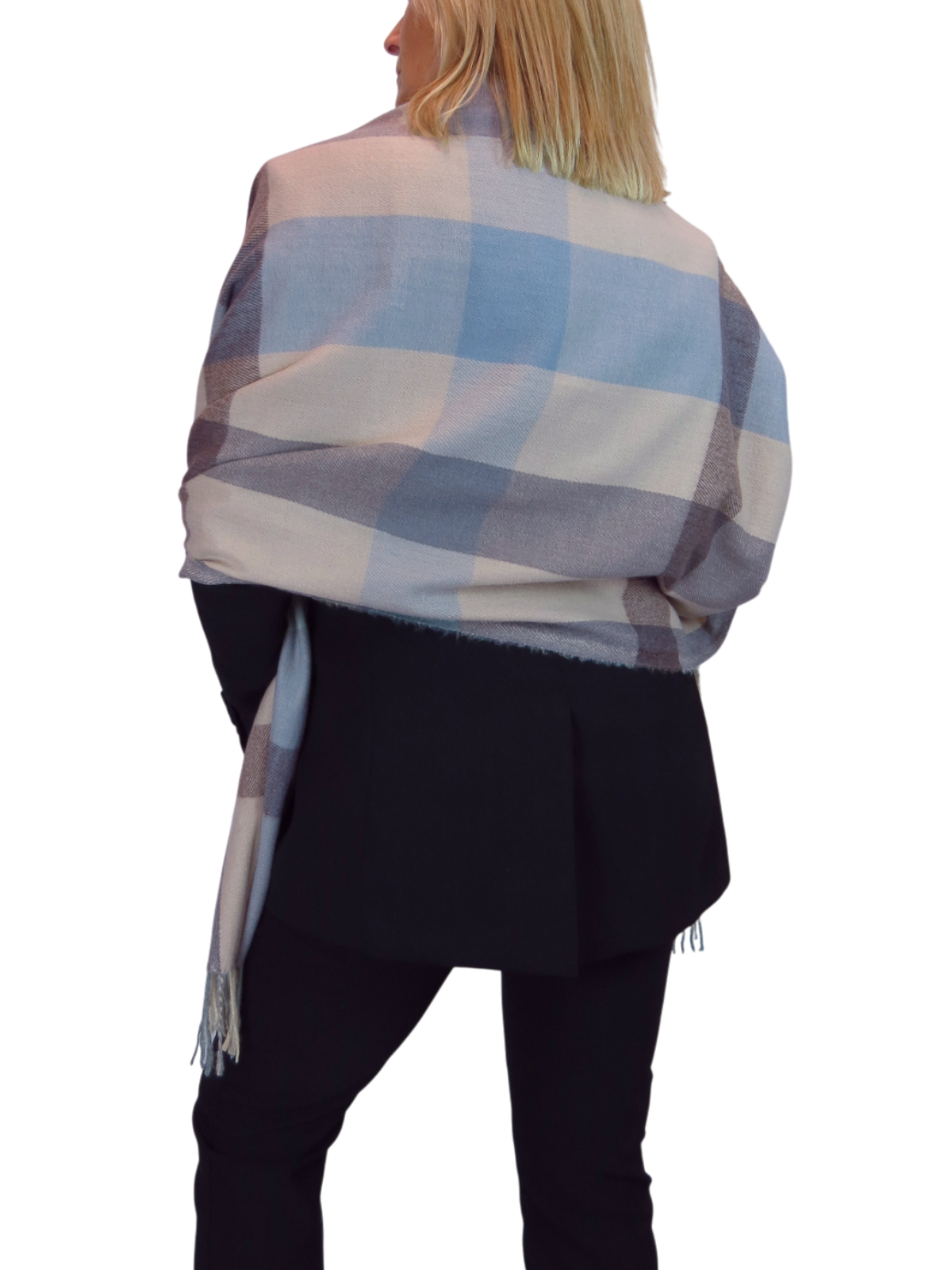 Wool Blend Large Plaid Design Wrap Scarf Beige/Blue