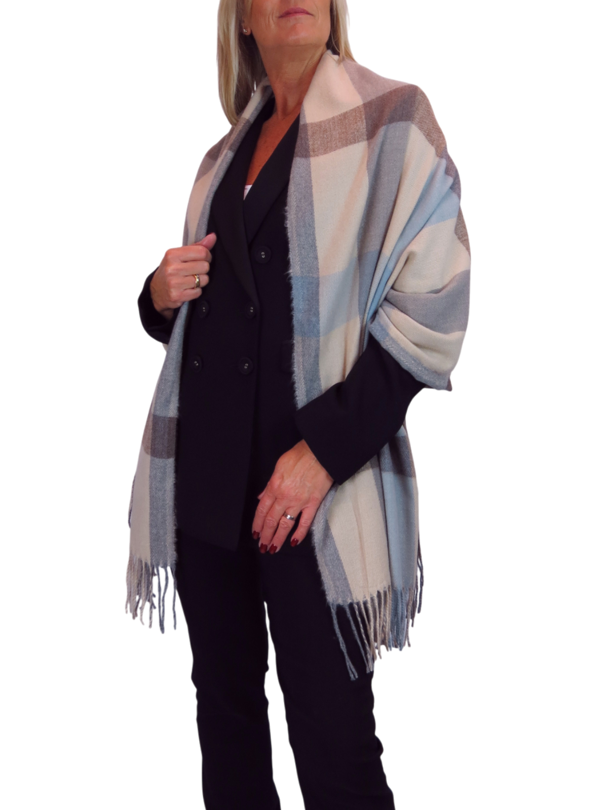 Wool Blend Large Plaid Design Wrap Scarf Beige/Blue