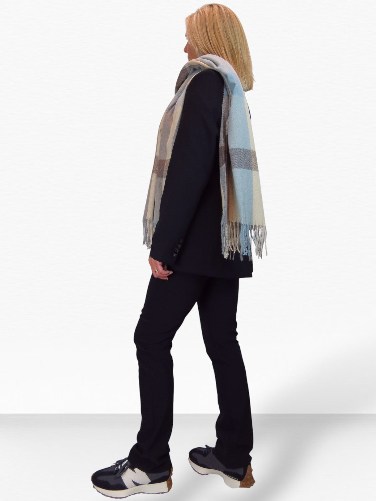 Wool Blend Large Plaid Design Wrap Scarf Beige/Blue