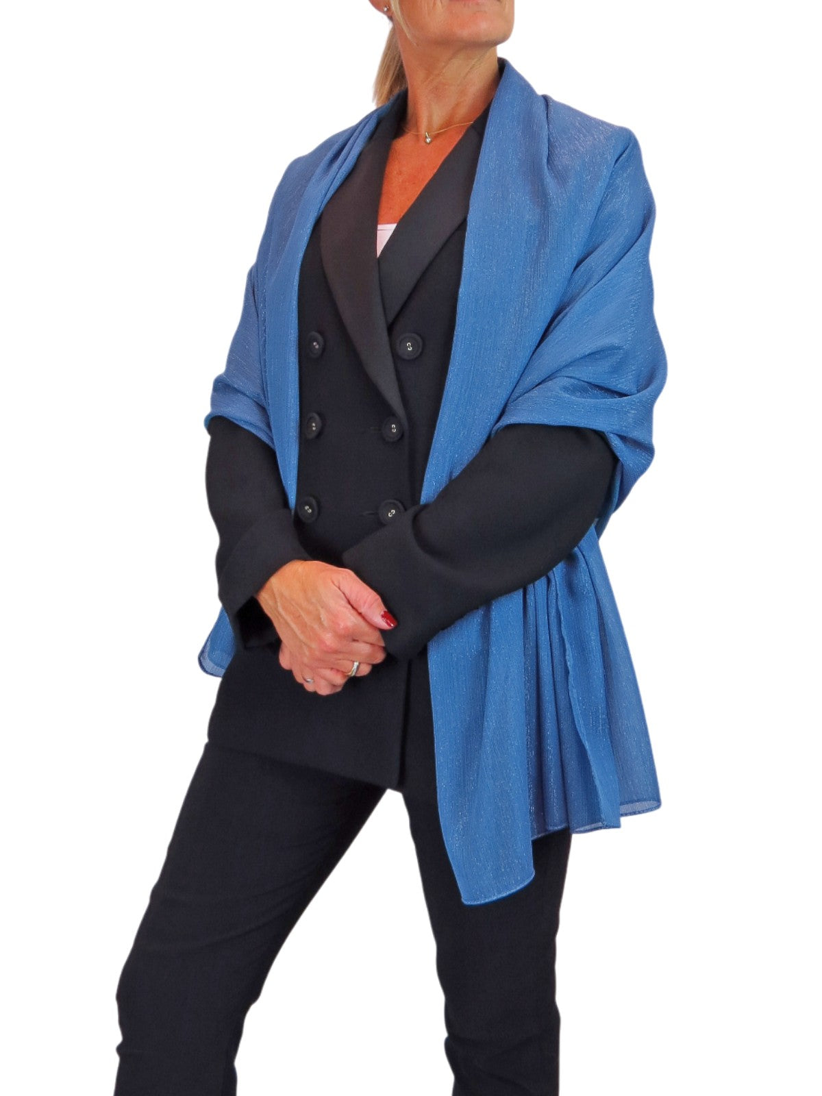 Silk Blend Scarf with Metallic Threads Mid Blue