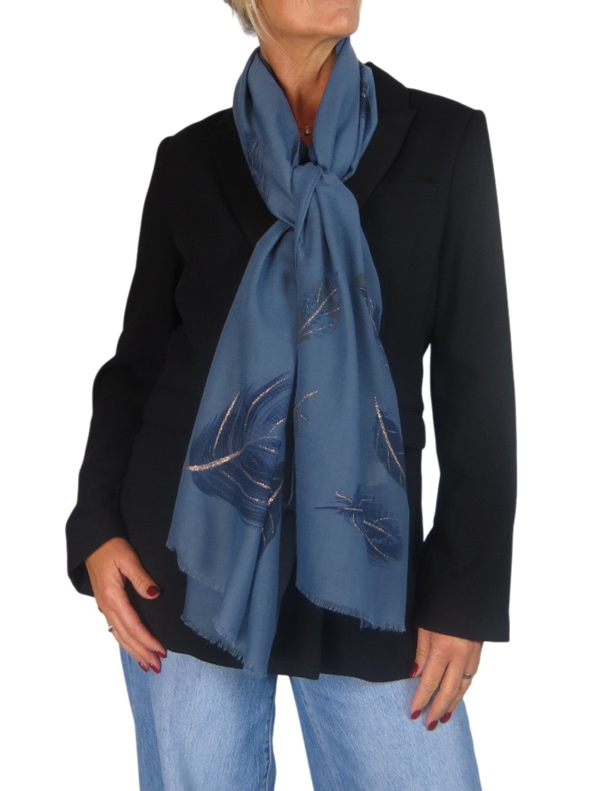 Golden Feather Print Scarf Midnight Blue