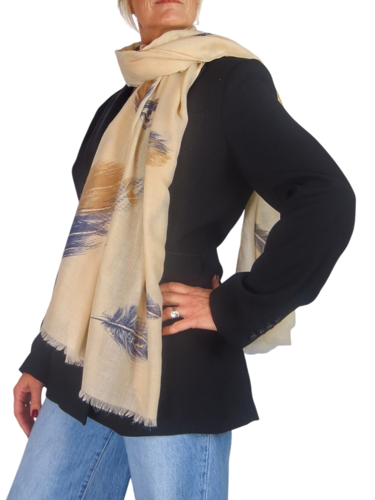 Golden Feather Print Scarf Beige