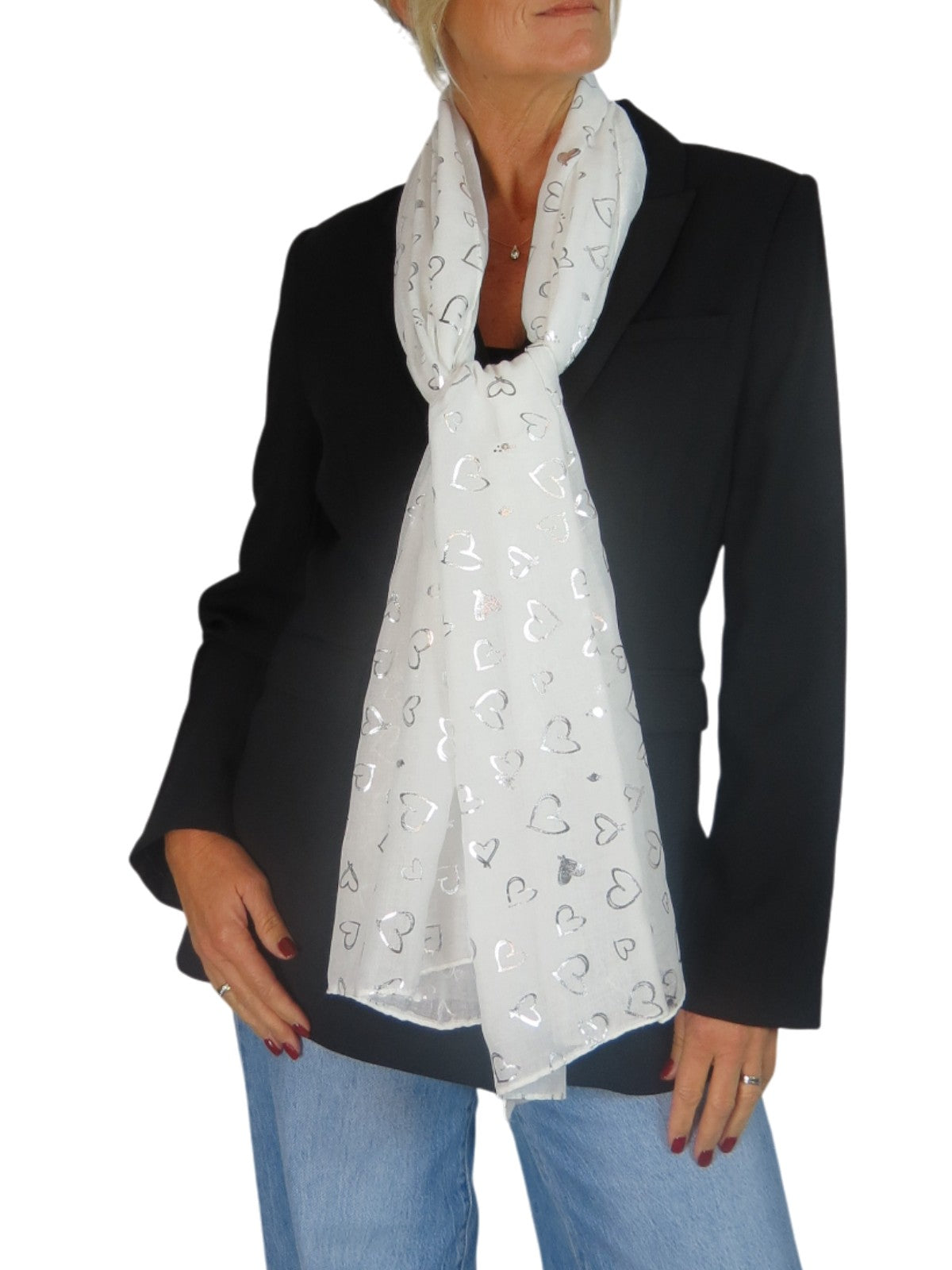 Silver Heart Design Cotton Scarf Ivory