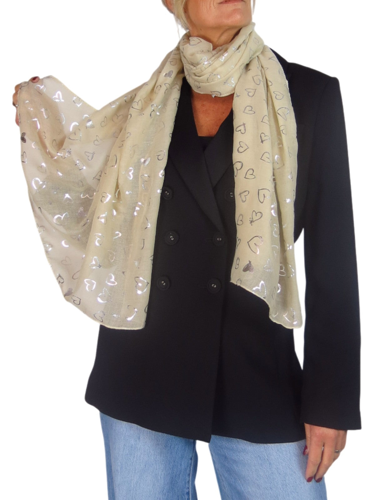Silver Heart Design Cotton Scarf Beige