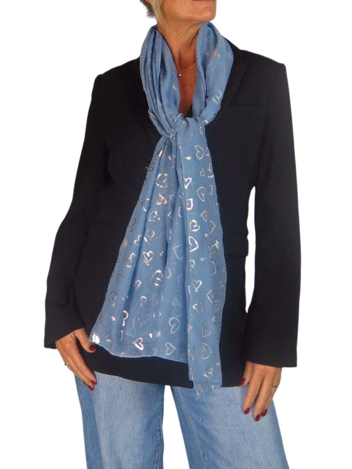 Silver Heart Design Cotton Scarf Midnight Blue